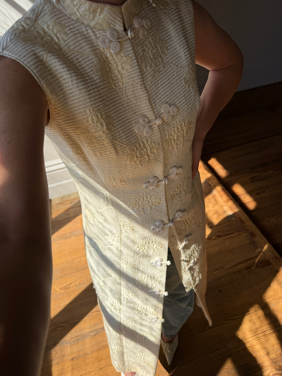 Vintage 60s Brocade Longline Qipao Cream