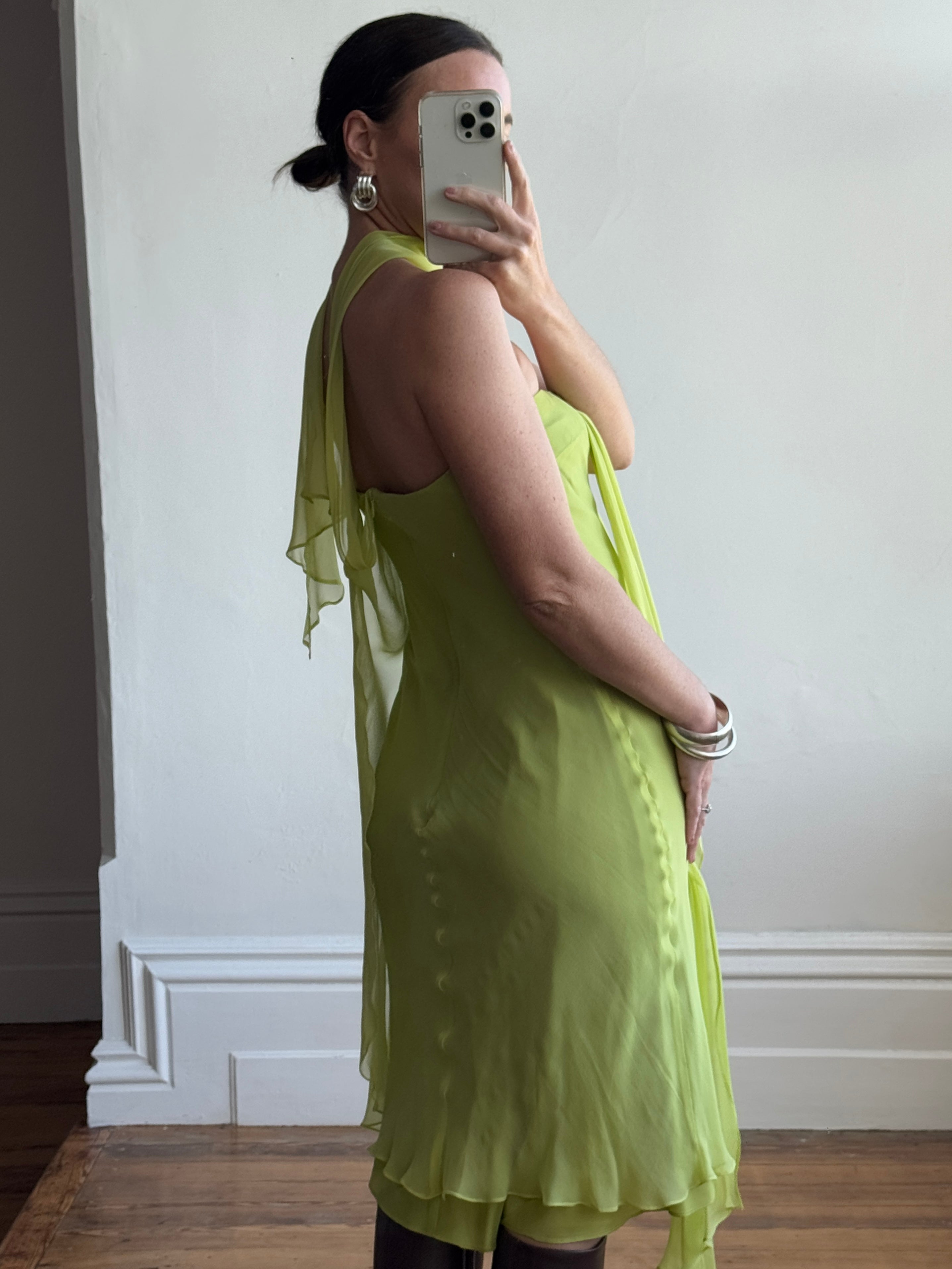 Vintage Y2K Chartreuse Strapless Pure Silk Brooch Dress