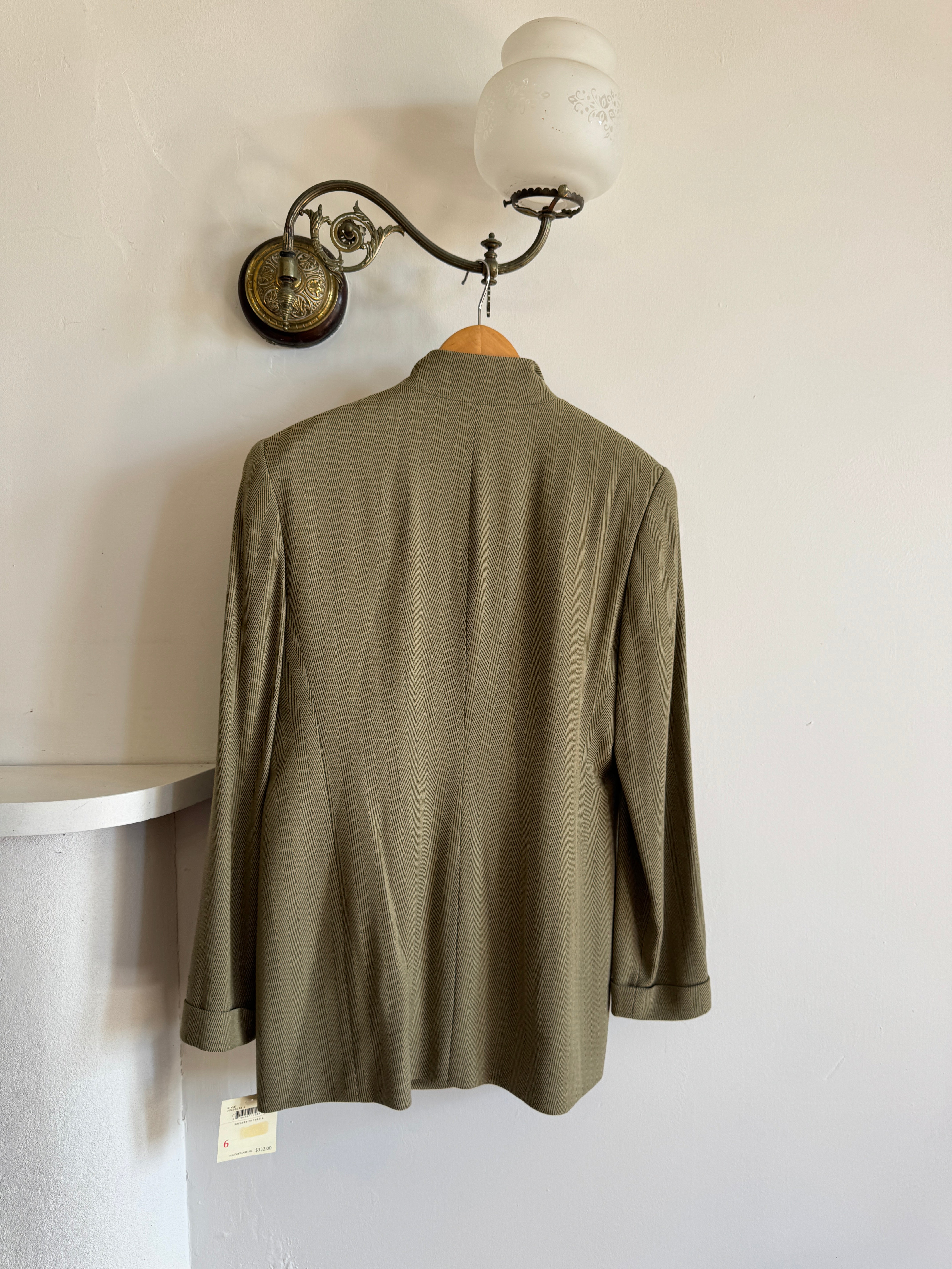 Vintage 90s Estate Olive Herringbone Wool Tailored Blazer