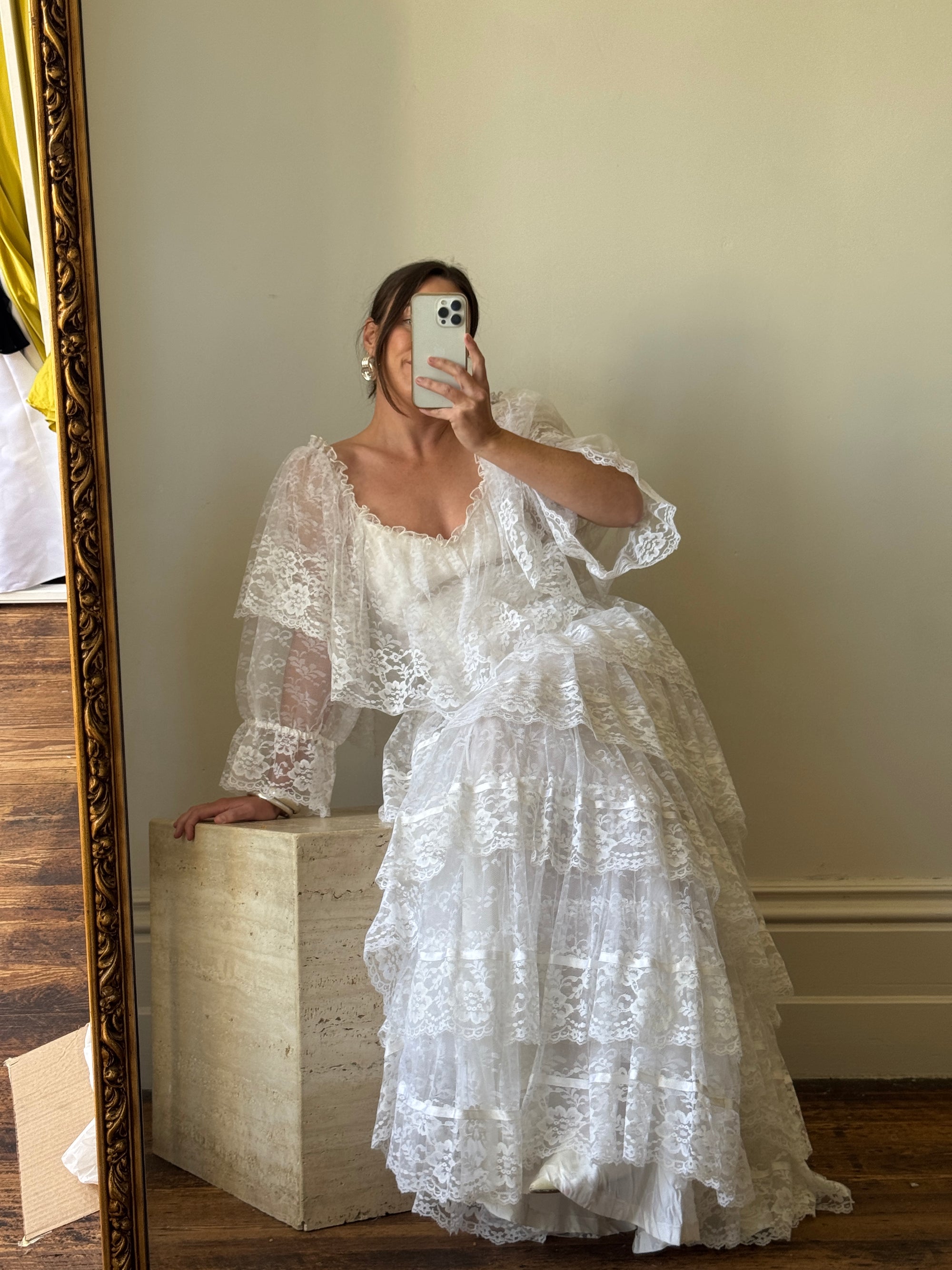 Vintage 70s Tiered Lace Ruffle Wedding Gown