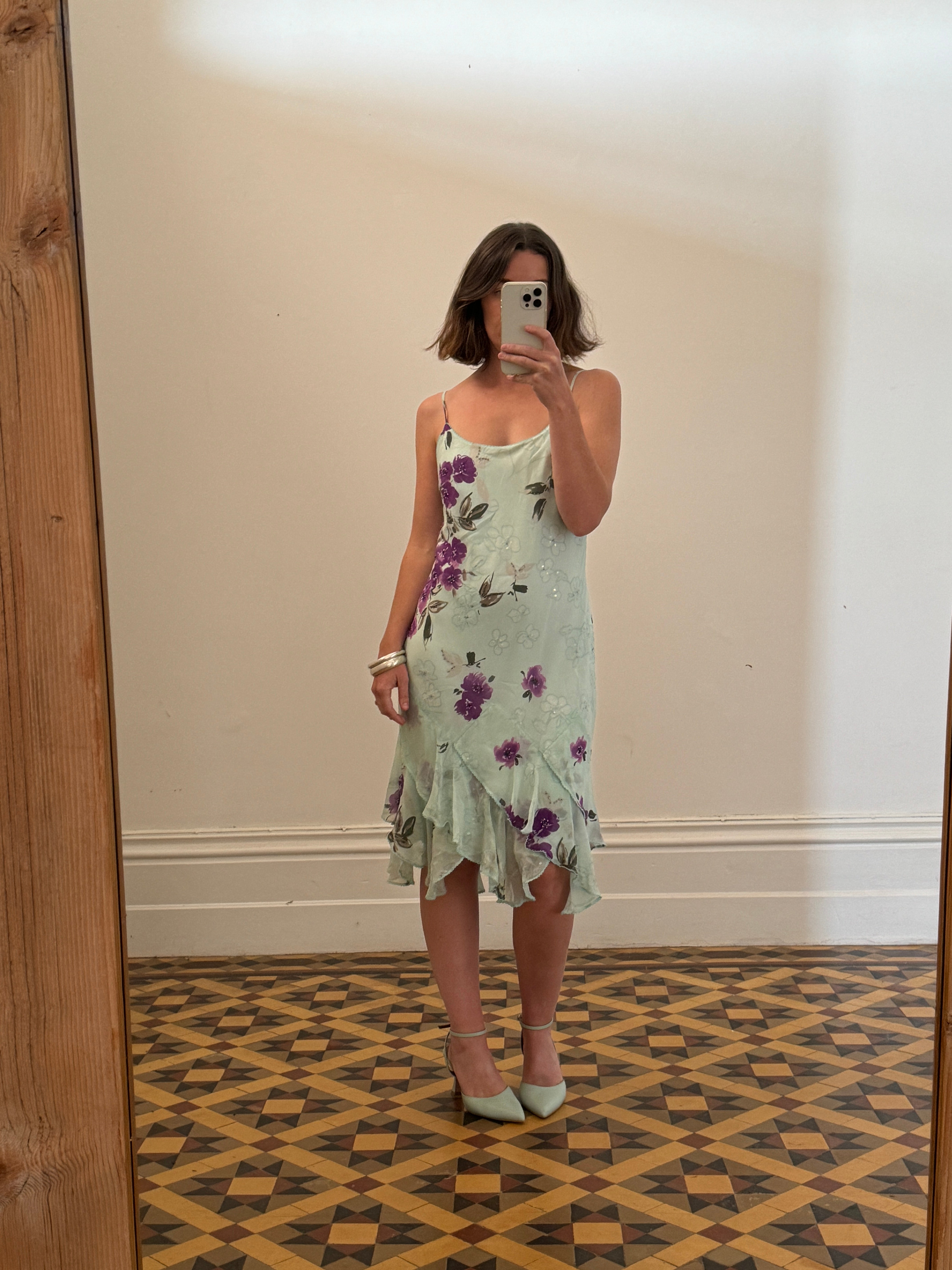 Vintage 90s Pure Silk Floral Mint Fairy Dress