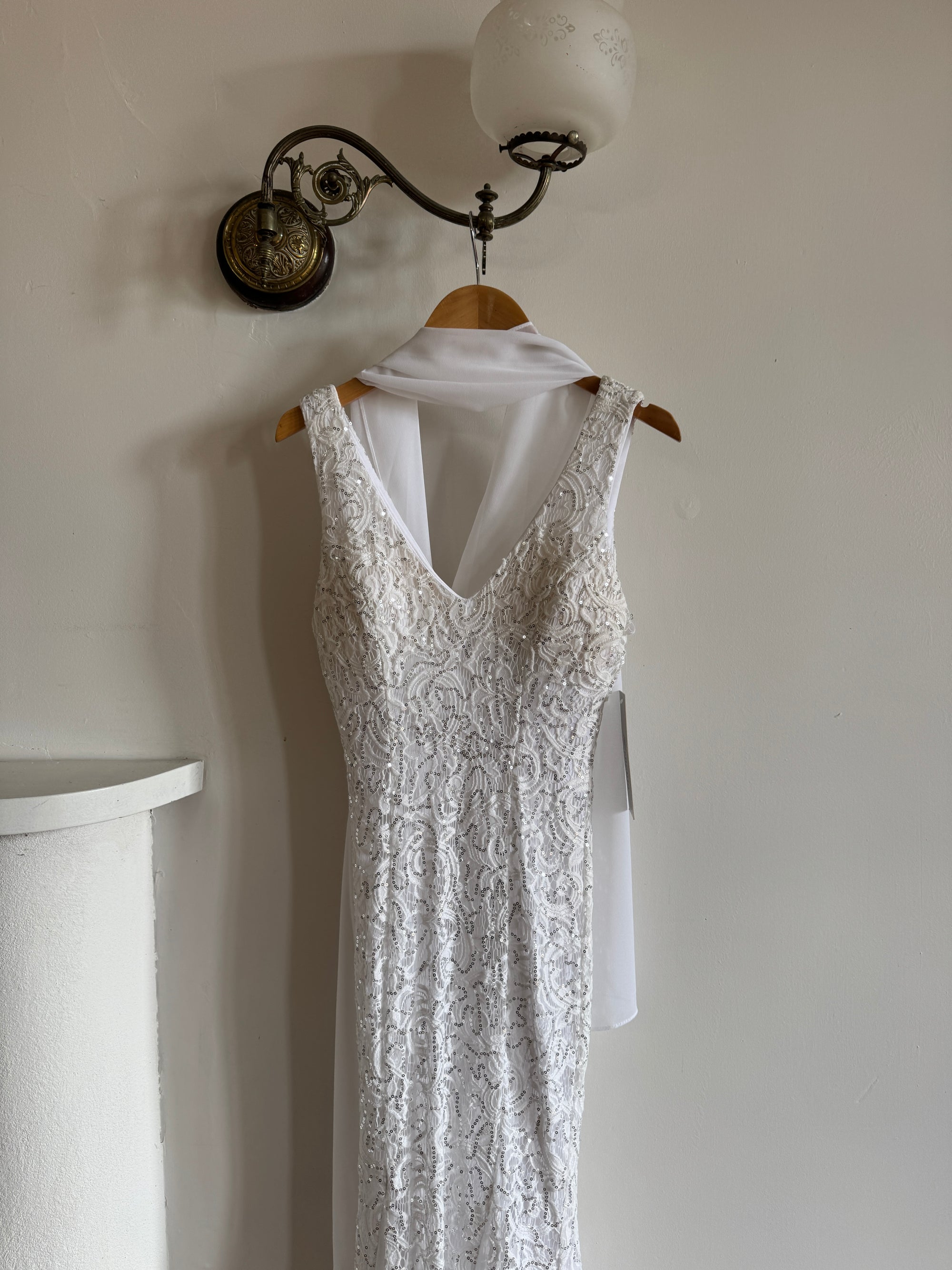 Vintage 90s Silver Sequin Fairy Wedding Dress With Scarf