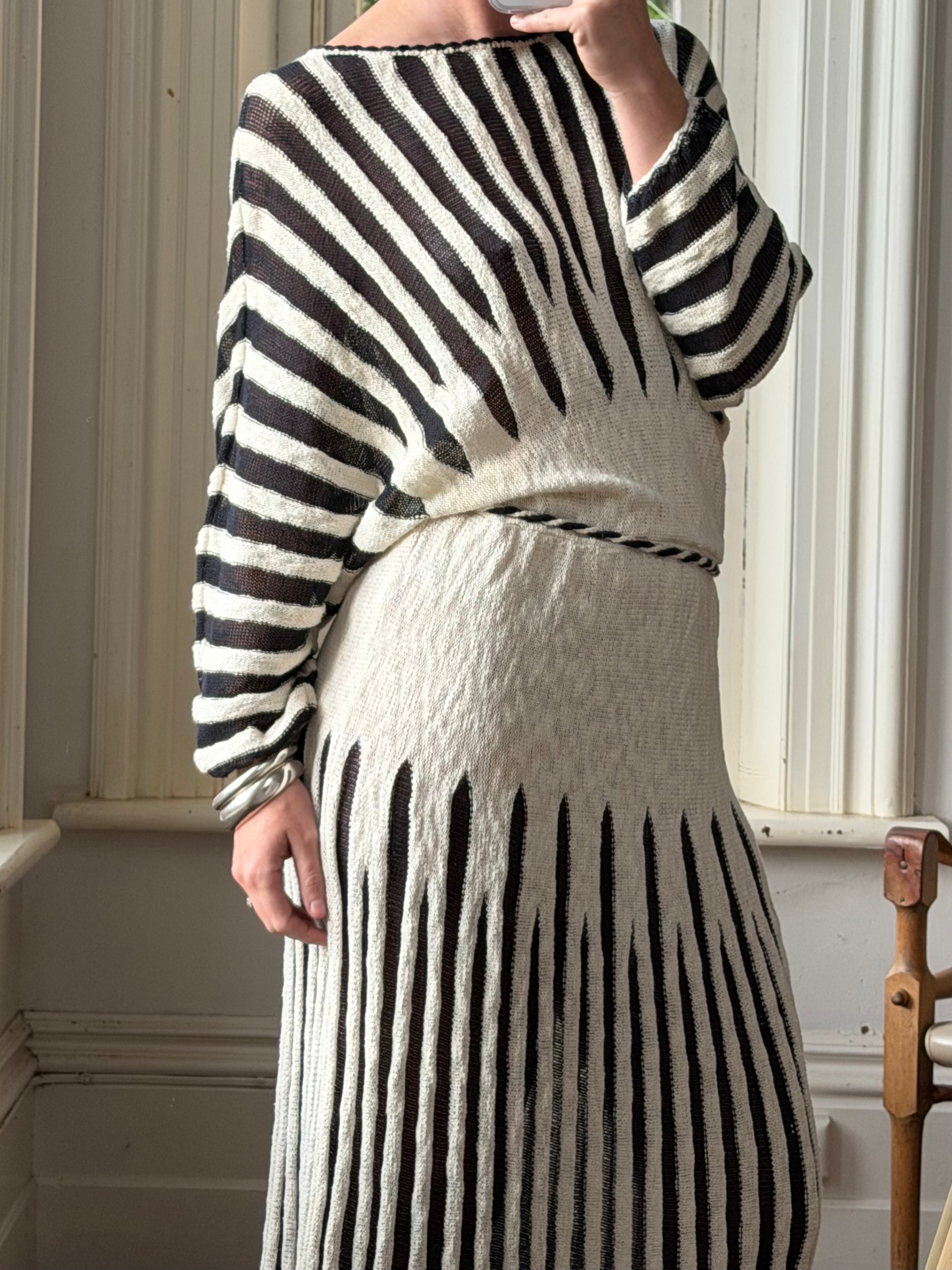 Vintage 70s Knit Batwing Midi Dress Black and Cream