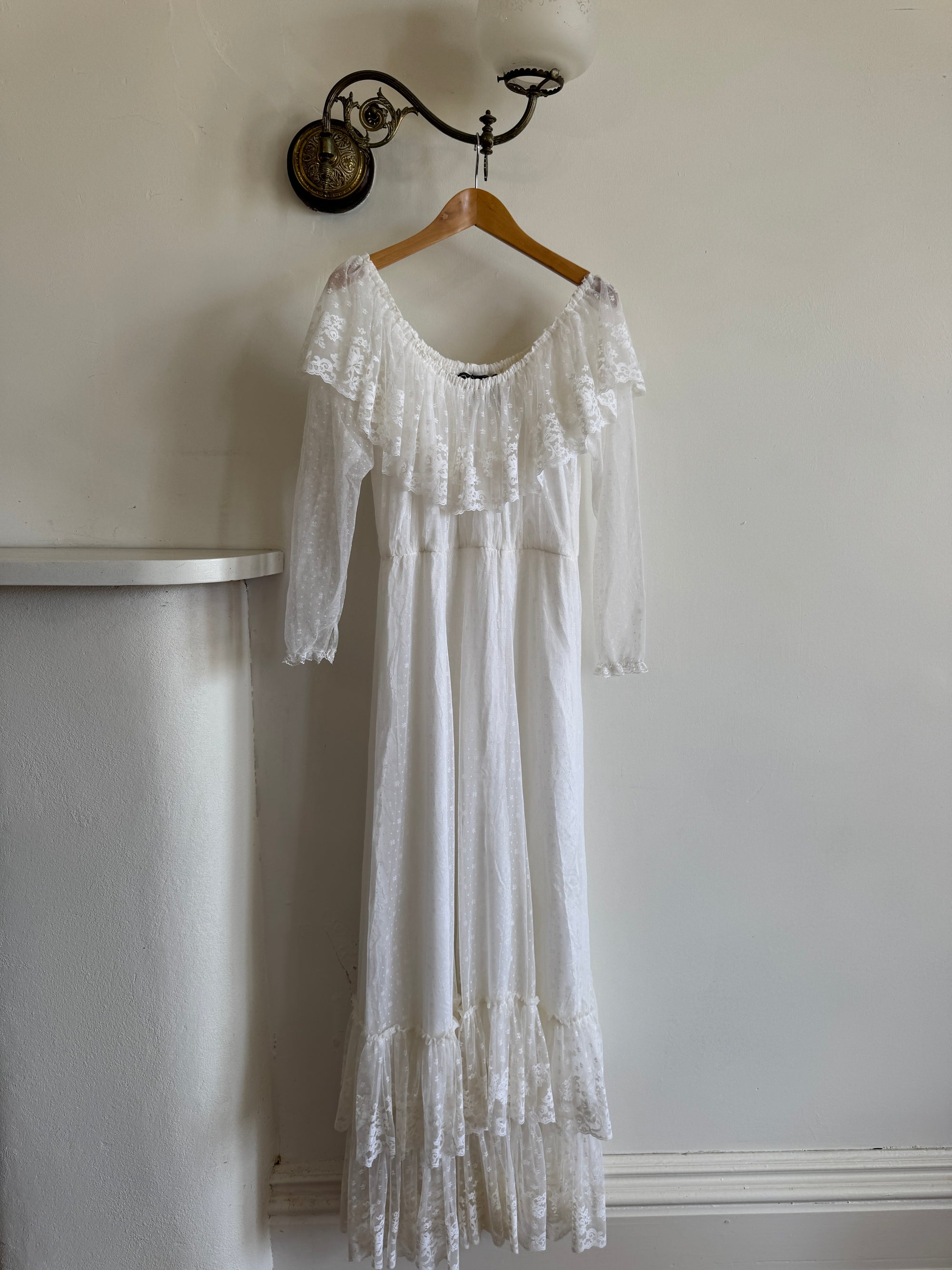 Vintage 70s Australian Made Off Lace Frill Wedding Gown