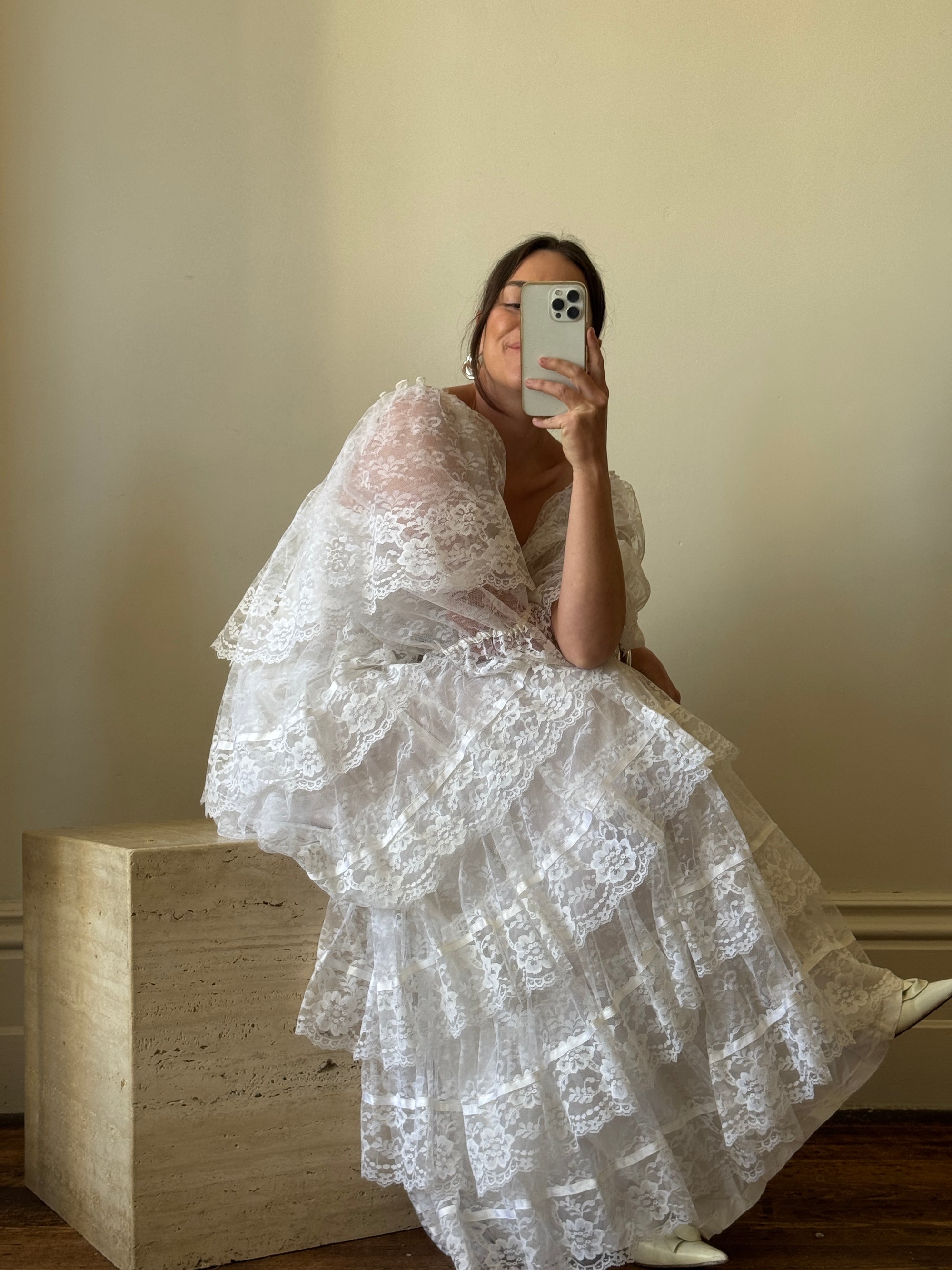 Vintage 70s Tiered Lace Ruffle Wedding Gown