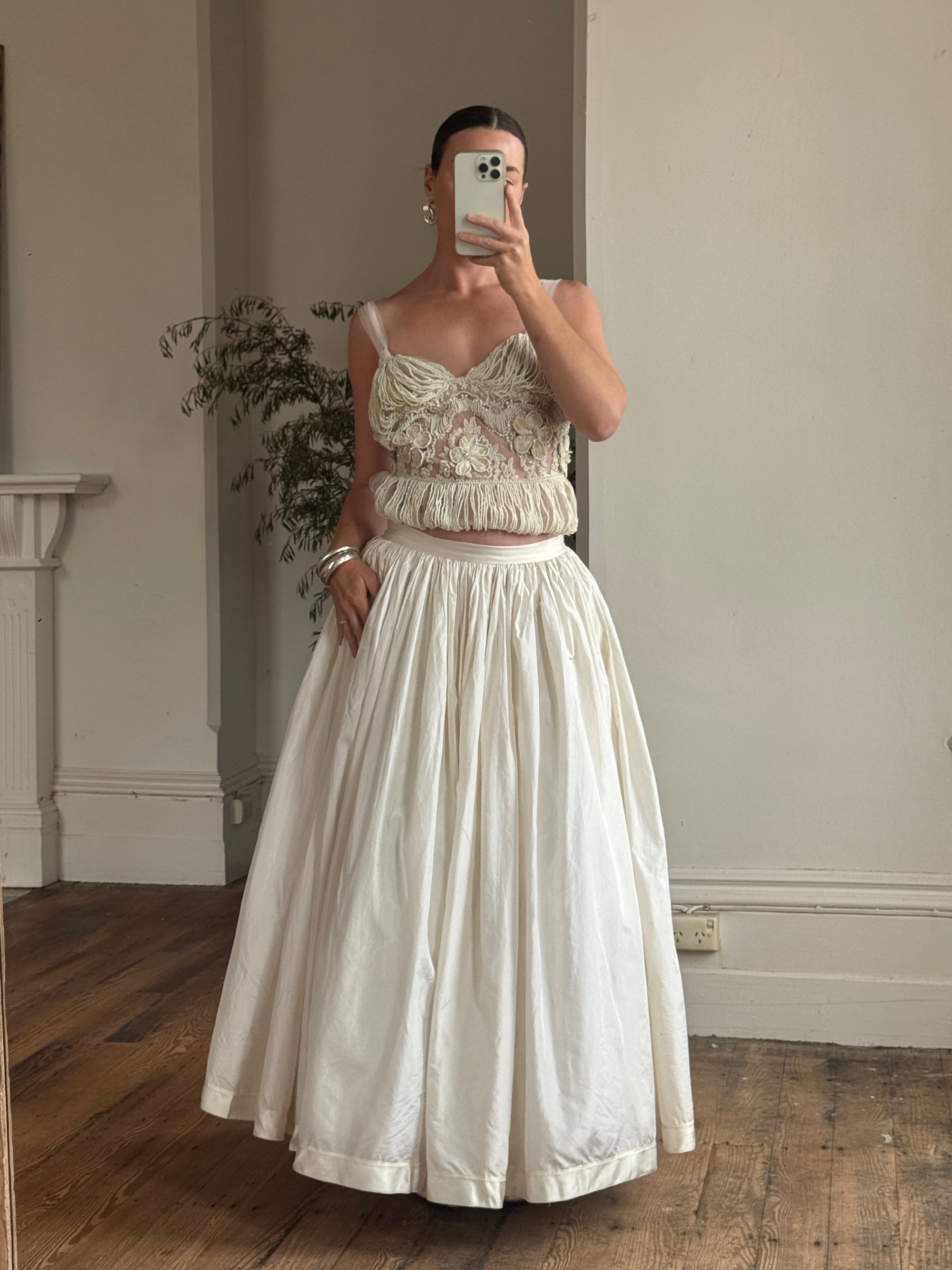 Vintage 90s Two Piece Tulle Beaded Top and Princess Silk Satin Skirt