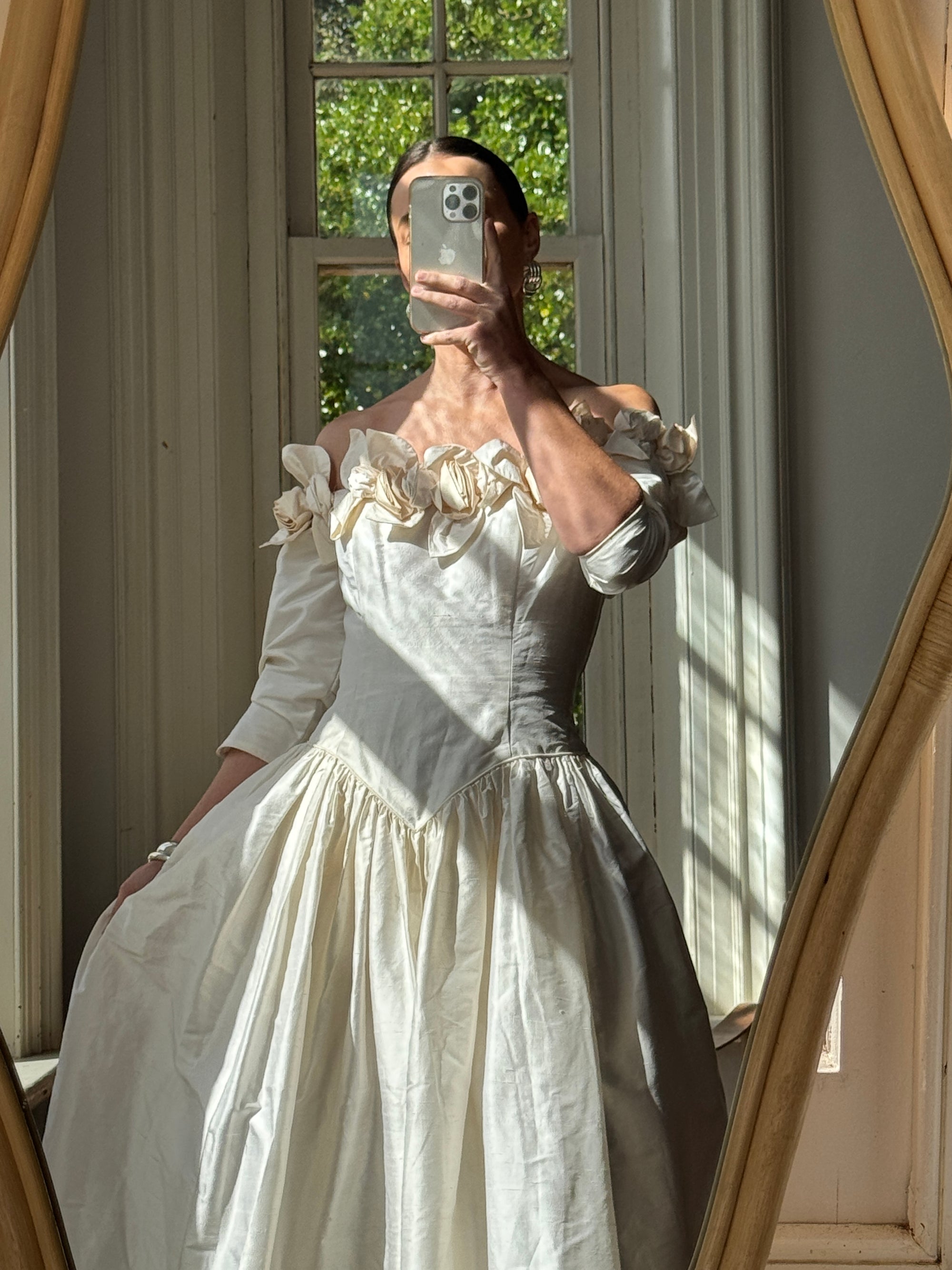 Vintage 80s Pure Silk Rosette Off Shoulder Gown