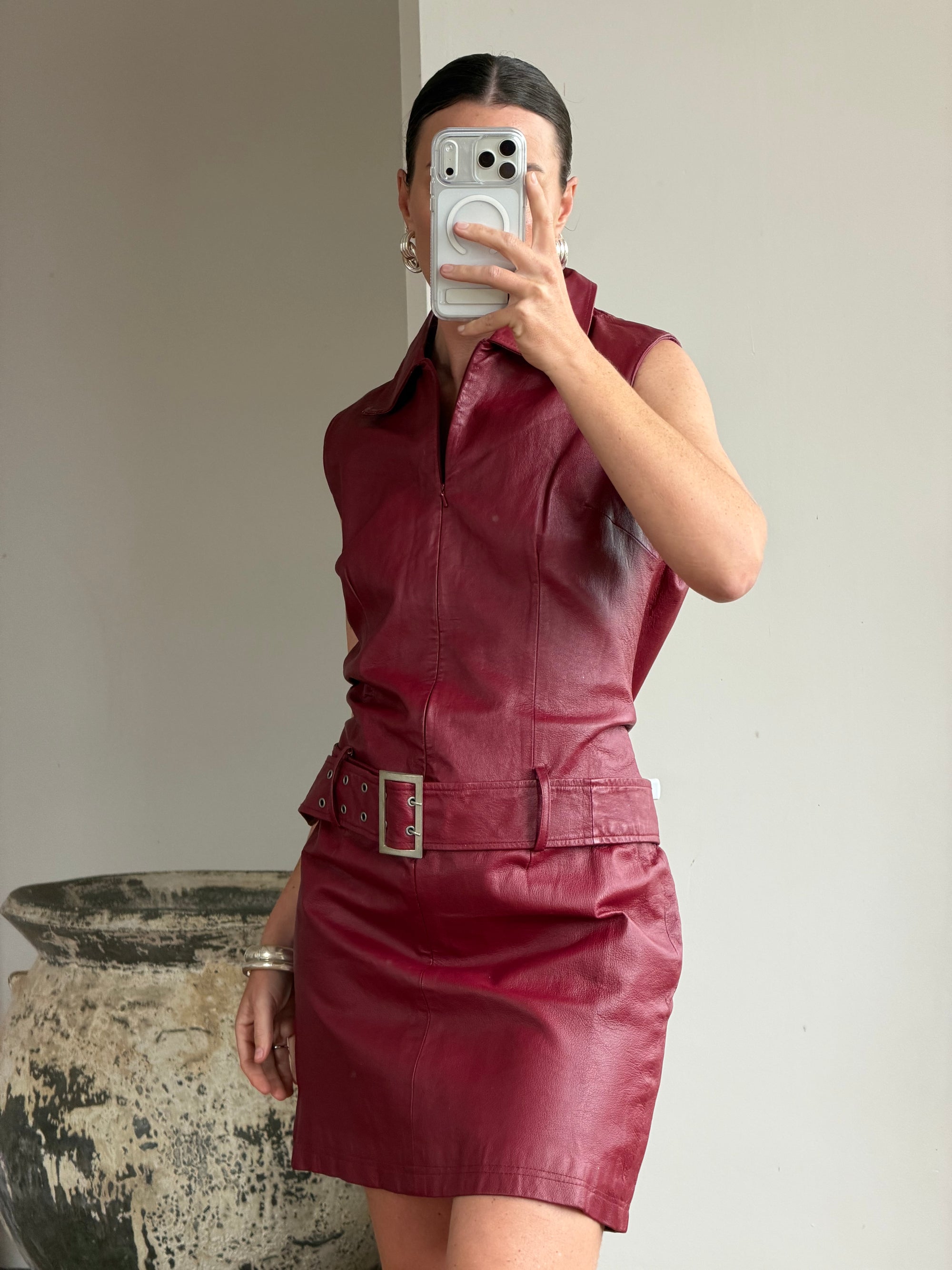 Vintage 90s Burgundy Leather Zip Front Dress