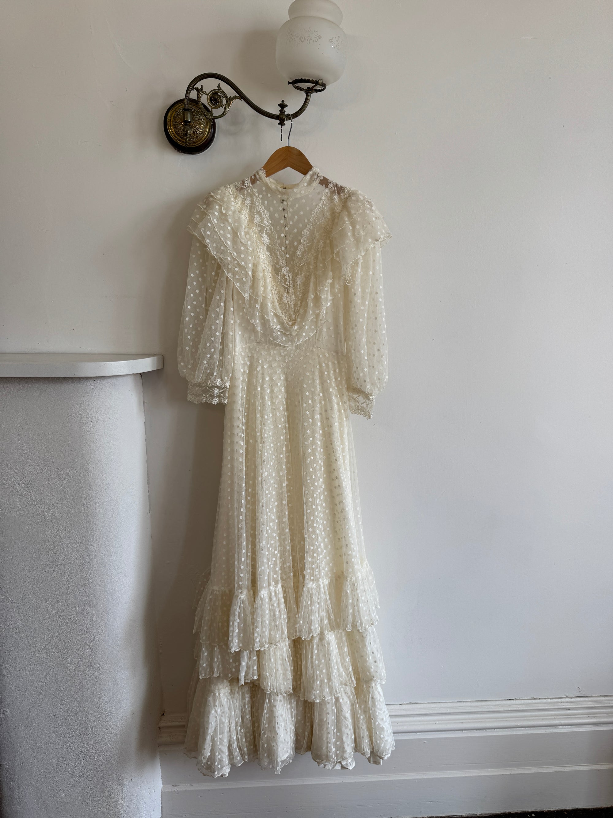 Vintage 70s Polka Sheer Tiered Wedding Dress Creme