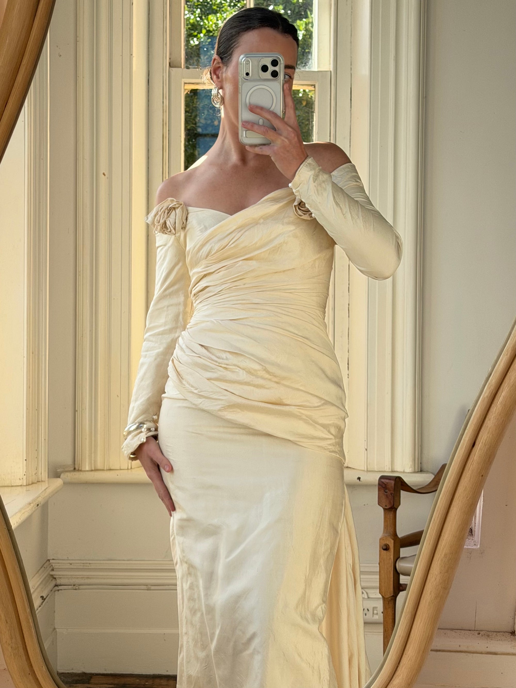 Vintage 90s Silk Rosette Off Shoulder Gown With Bow Train