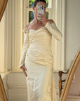 Vintage 90s Silk Rosette Off Shoulder Gown With Bow Train