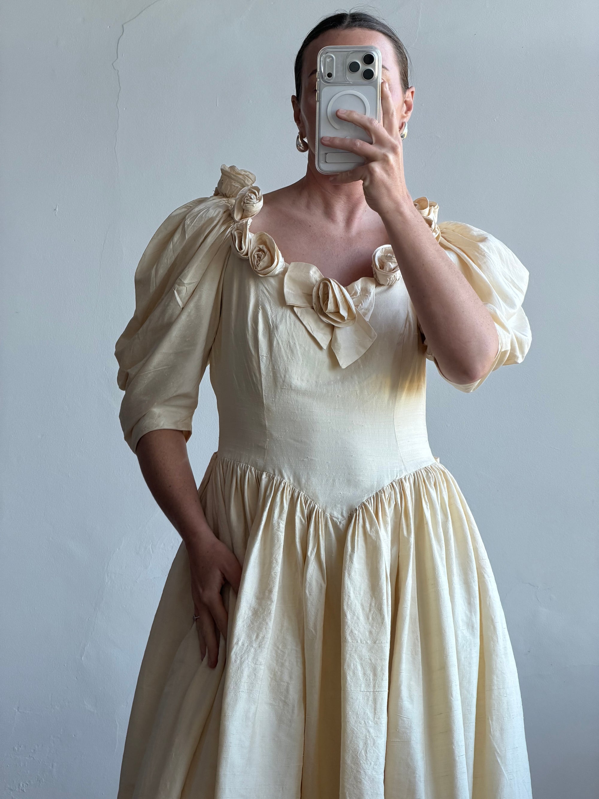 Vintage 90s Silk Dupion Rosette Bridal Midi Gown