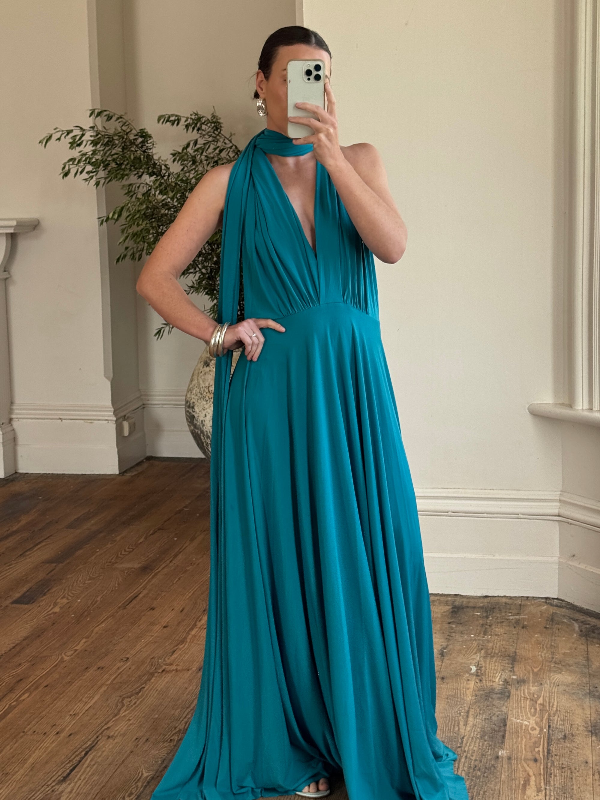 Vintage Y2K Plunging Jersey Multiwear Maxi Dress Teal