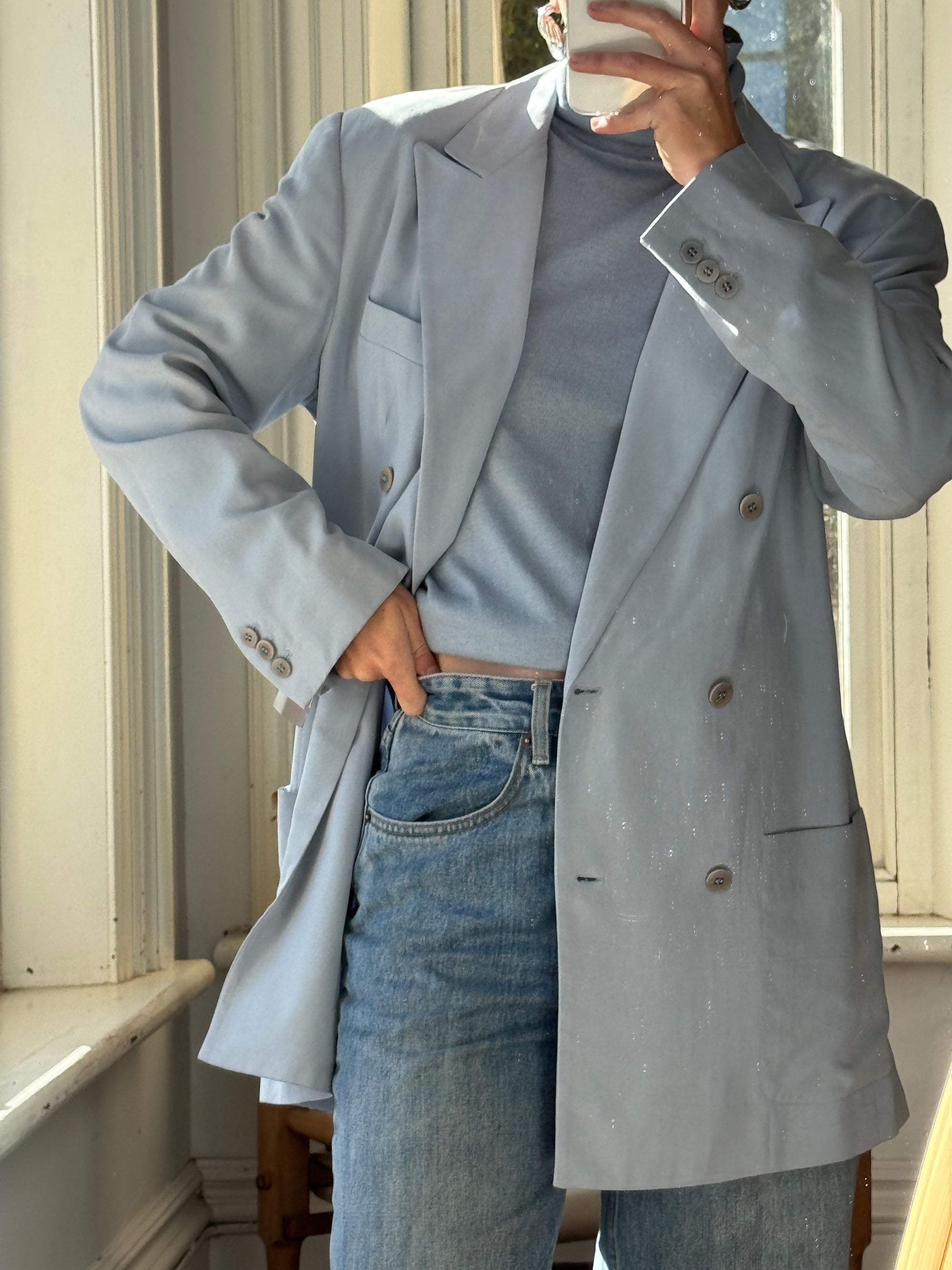 Vintage 90s Calvin Klein Pure Silk Double Breasted Blazer Dusty Blue