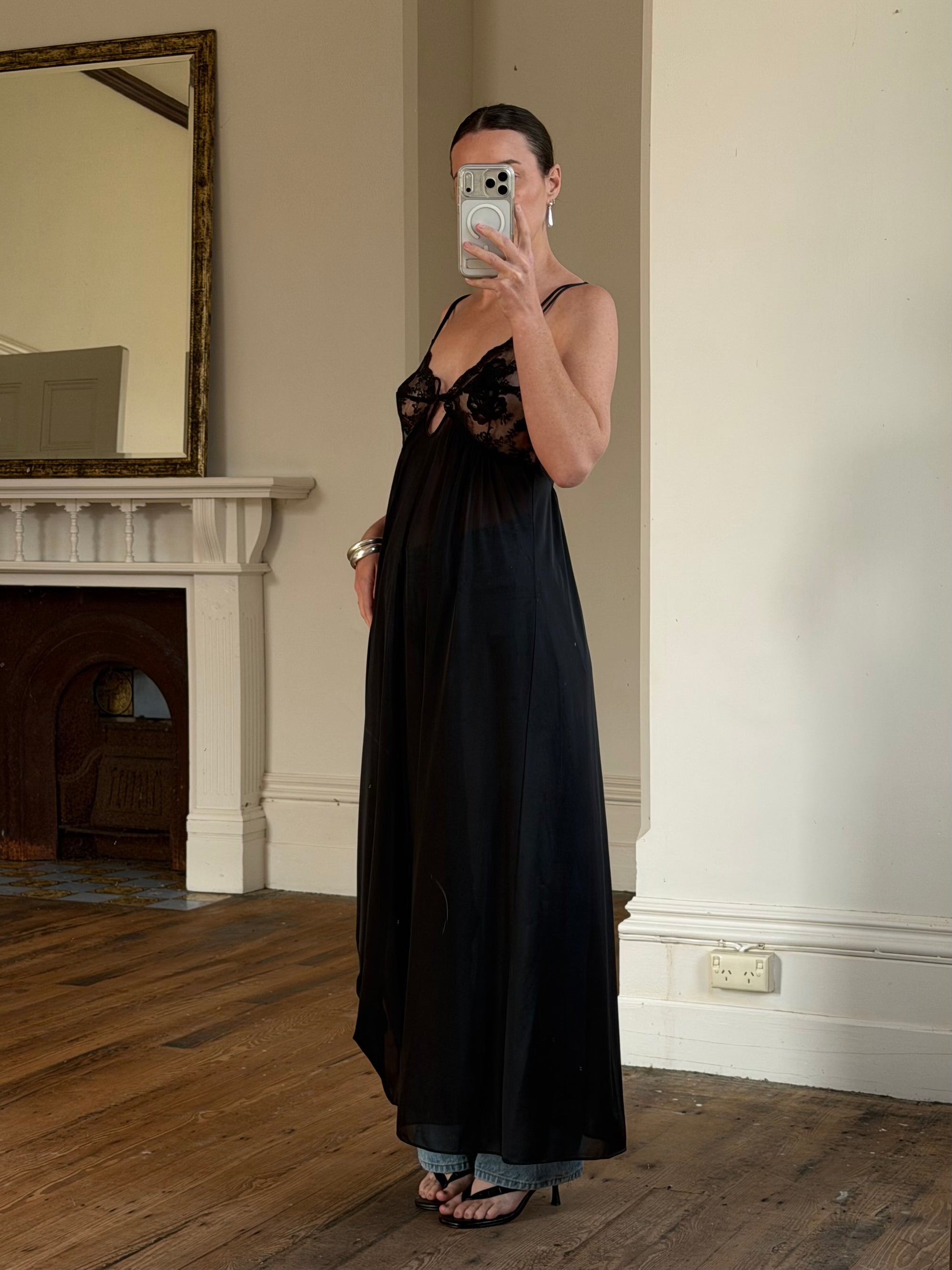 Vintage 80s Sheer Lace Slip Dress Noir