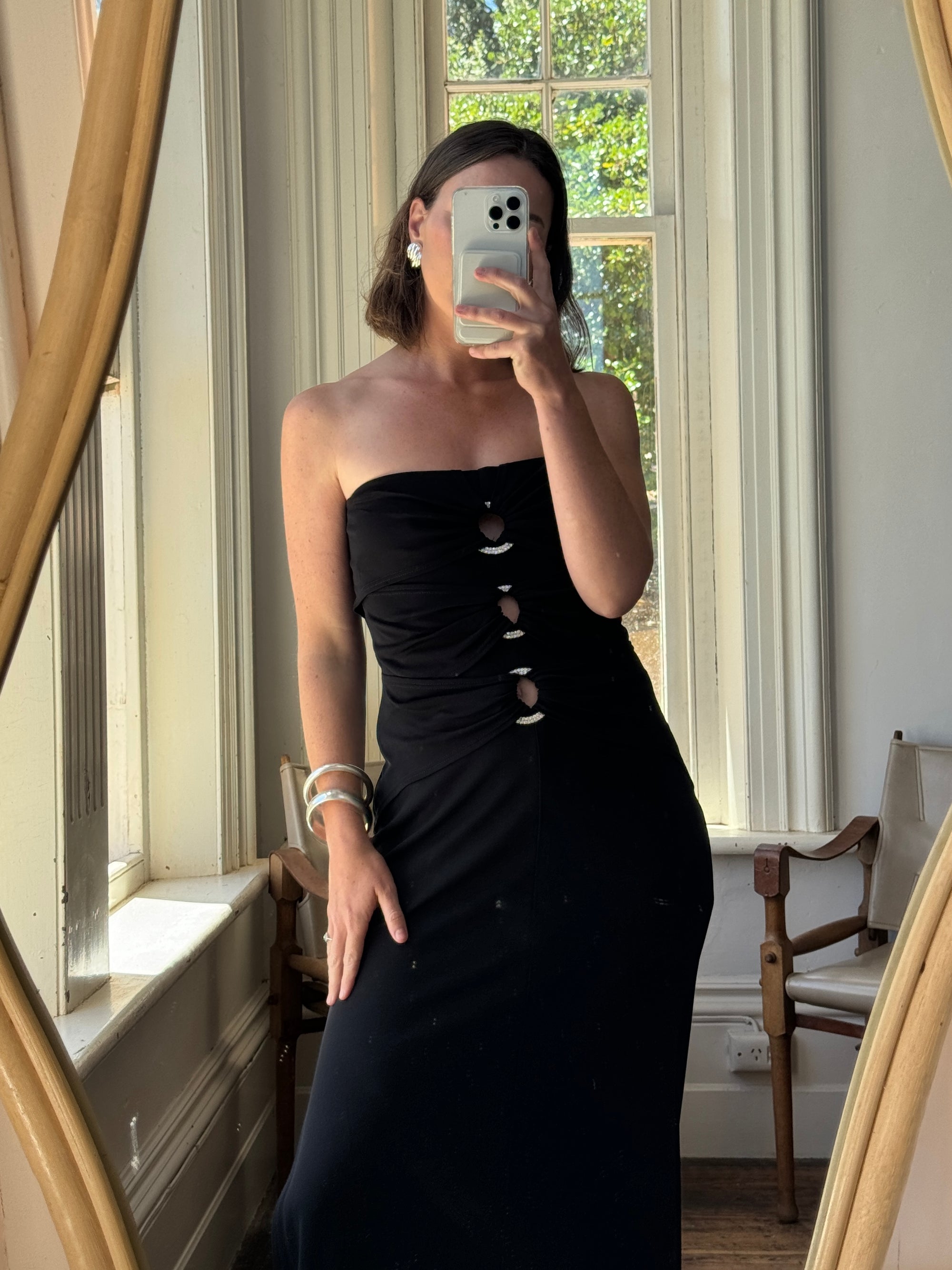 Vintage 90s Strapless Jersey Maxi Dress With Rhinestone Loops Call Me The Breeze Vintage 90s Strapless Jersey Maxi Dress With Rhinestone Loops Call Me The Breeze