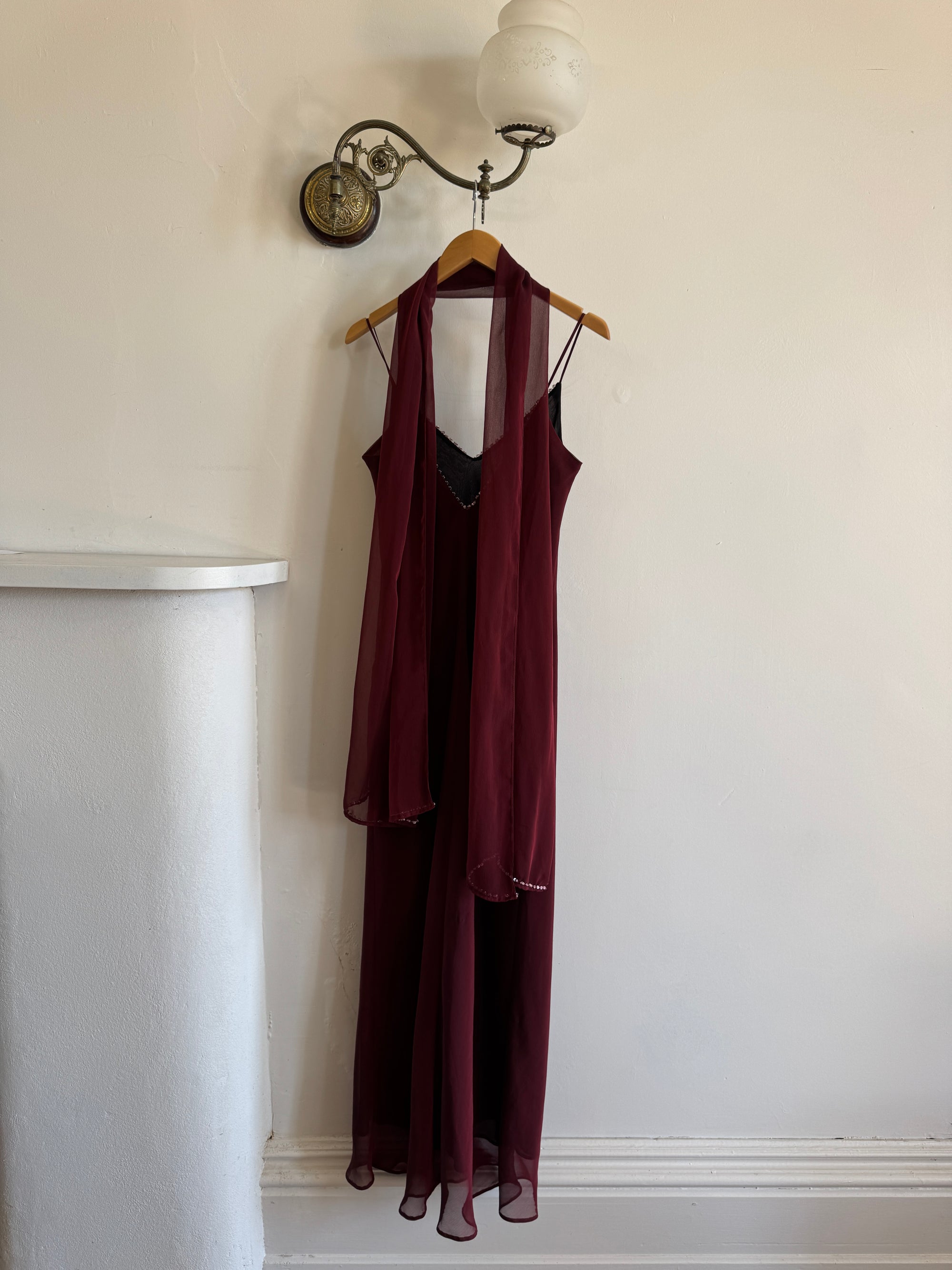Vintage 90s Burgundy Slip Dress With Pink Sequins and Scarf