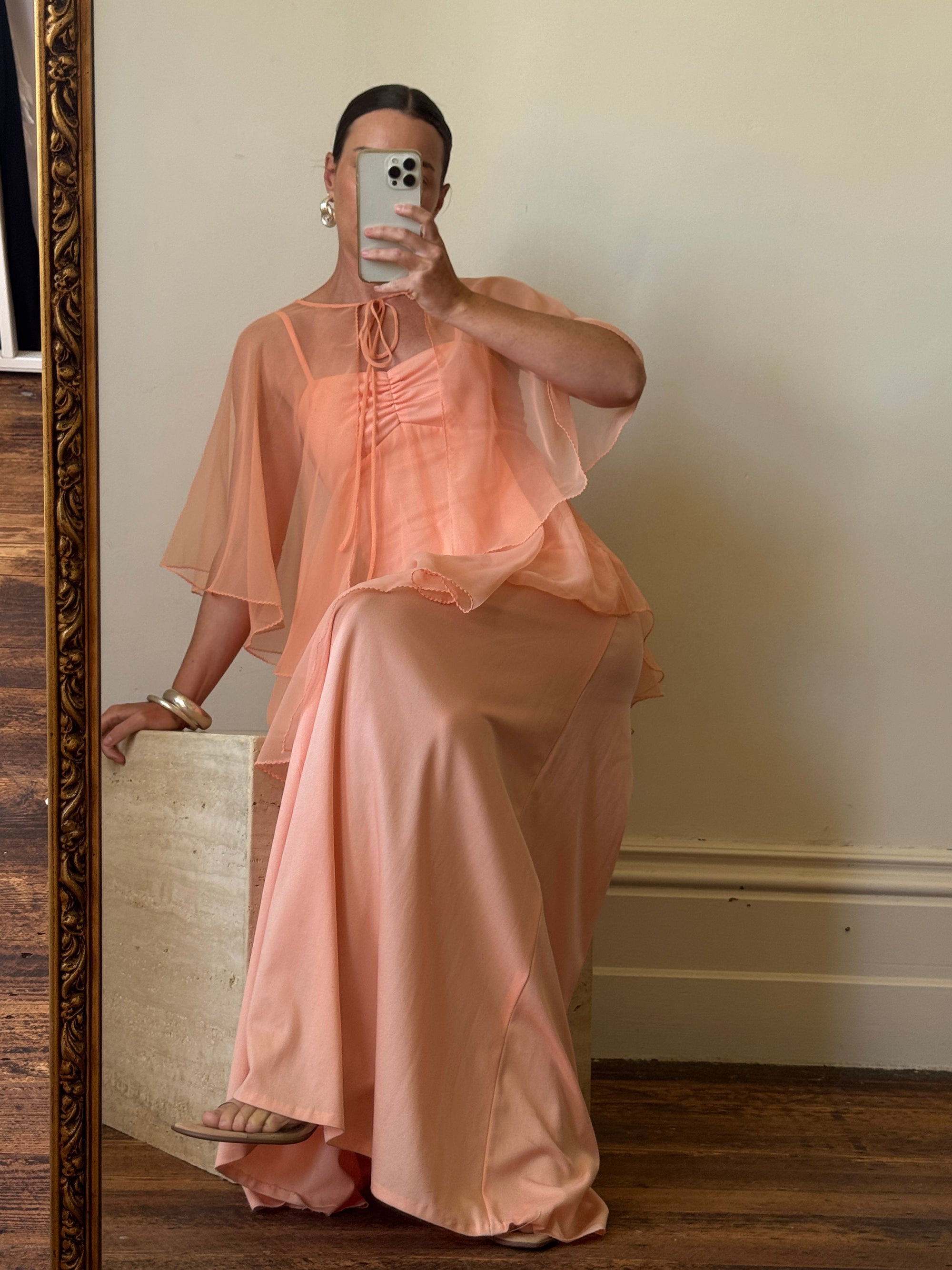 Vintage 70s Apricot Maxi Dress with Sheer Cape