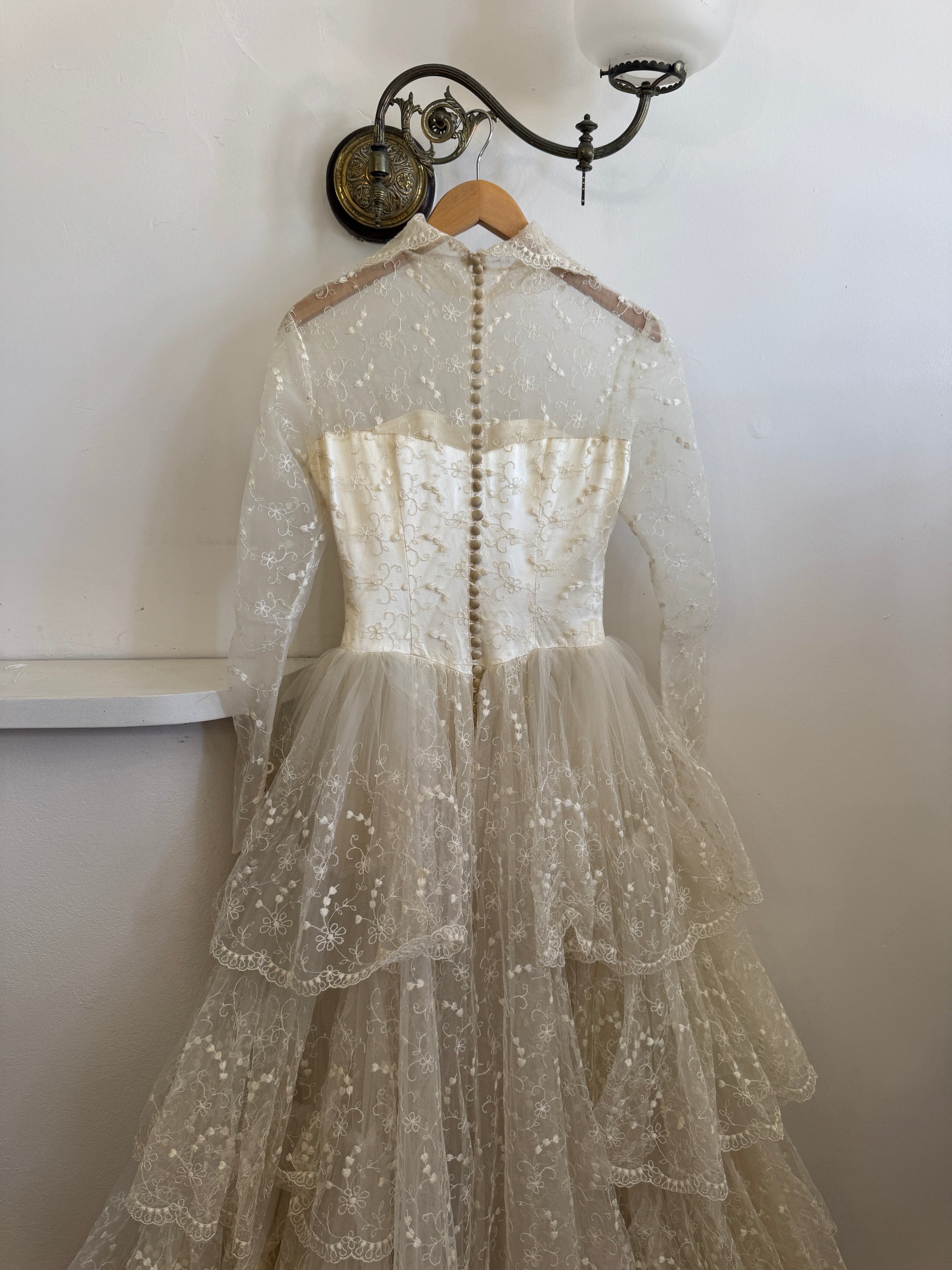 Vintage 70s Tiered Lace and Tulle Long Sleeved Wedding Gown