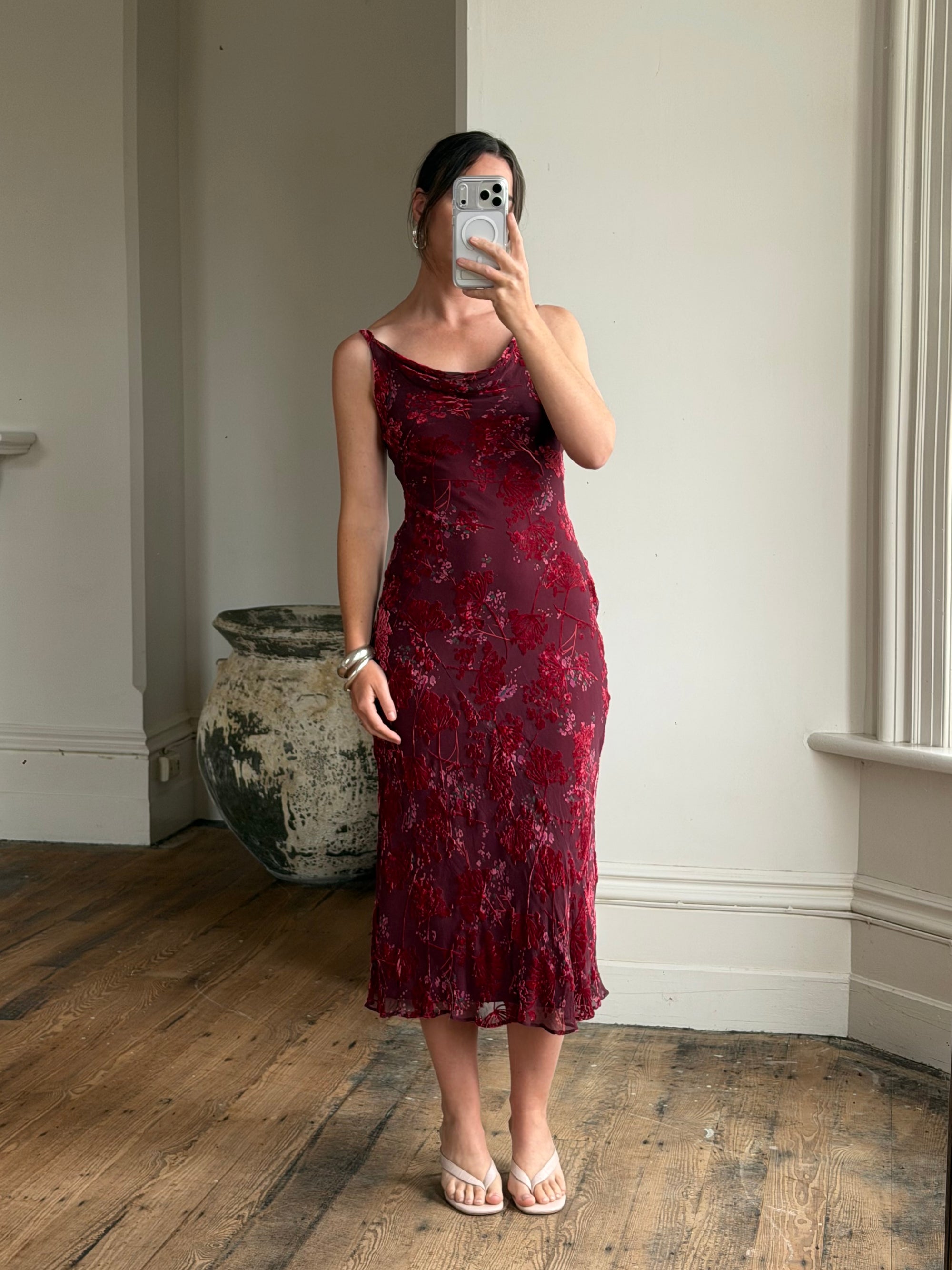 Vintage 90s Burnt Velvet Cowl Neck Dress Plum