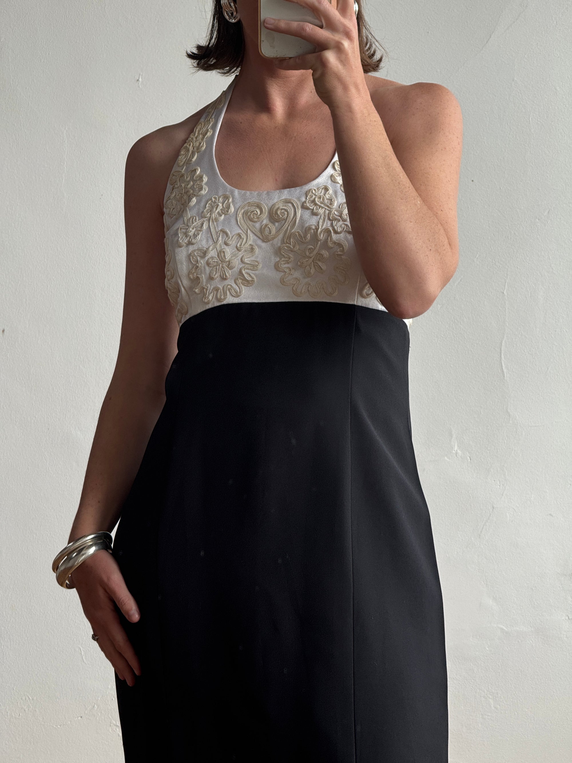 Vintage 90s Halter Crepe Contrast Rope Embroidery Midi Dress