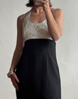 Vintage 90s Halter Crepe Contrast Rope Embroidery Midi Dress