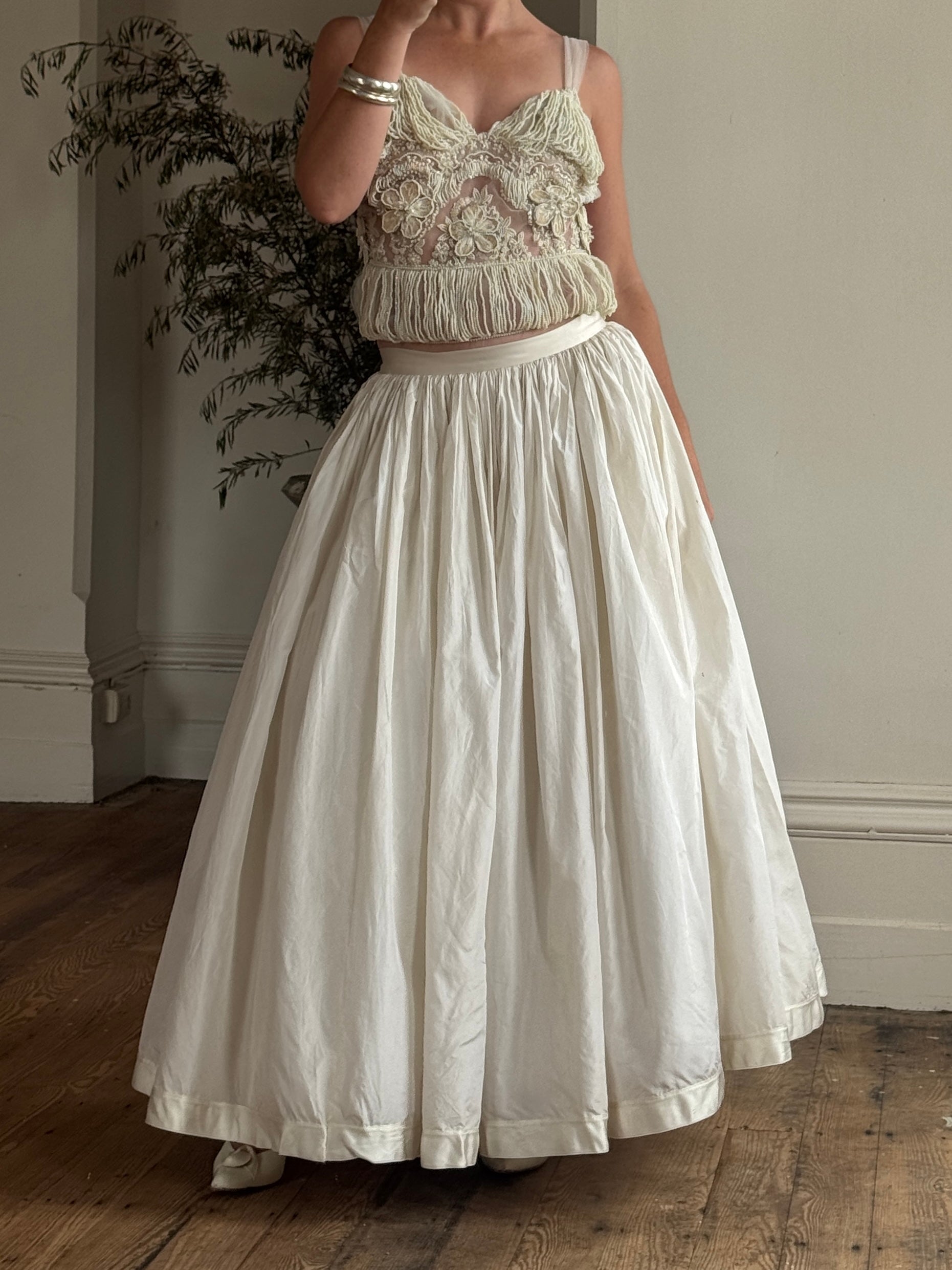 Vintage 90s Two Piece Tulle Beaded Top and Princess Silk Satin Skirt