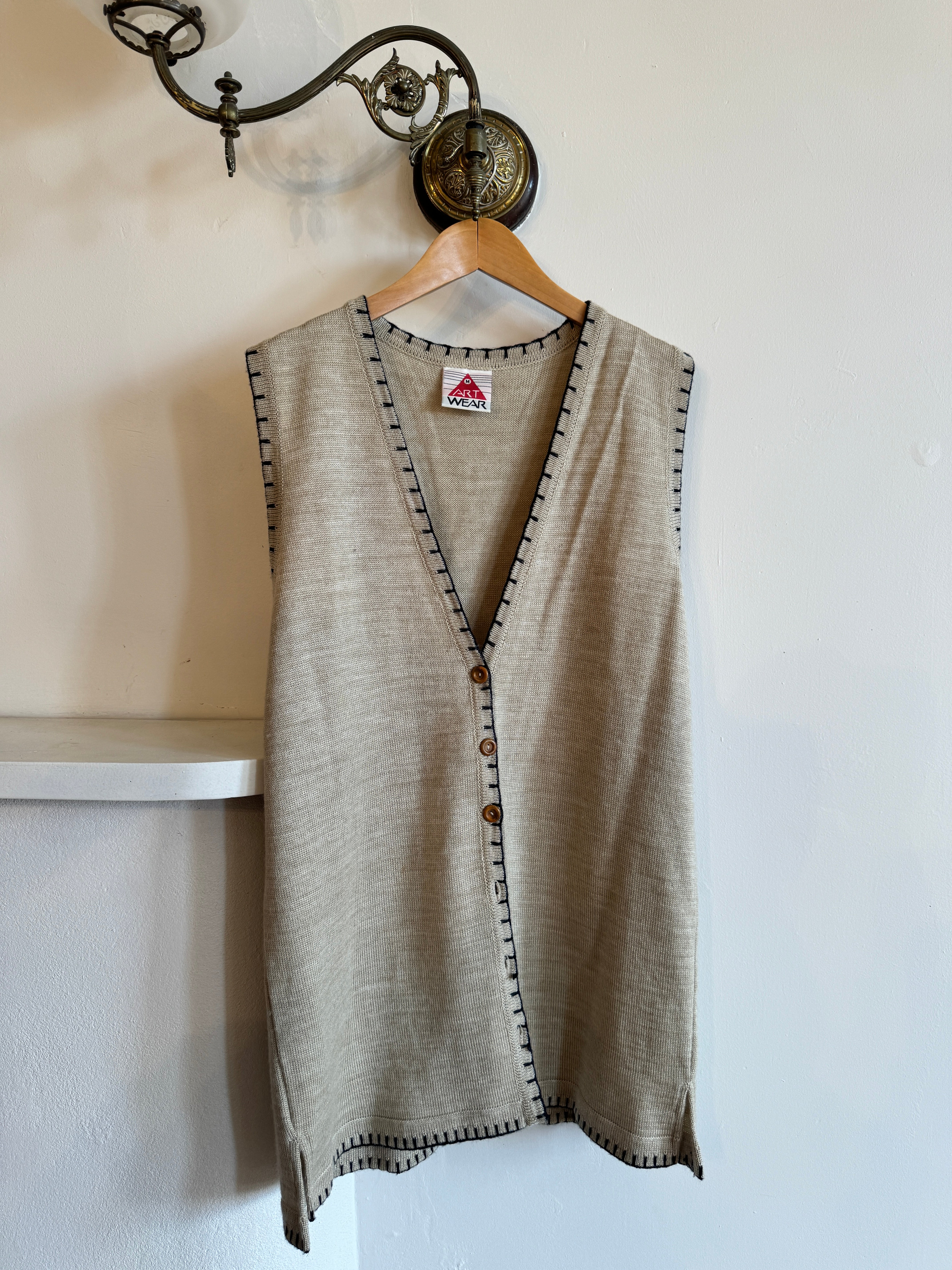 Vintage Beige Knit Vest and Pant Set with Contrast Stitch