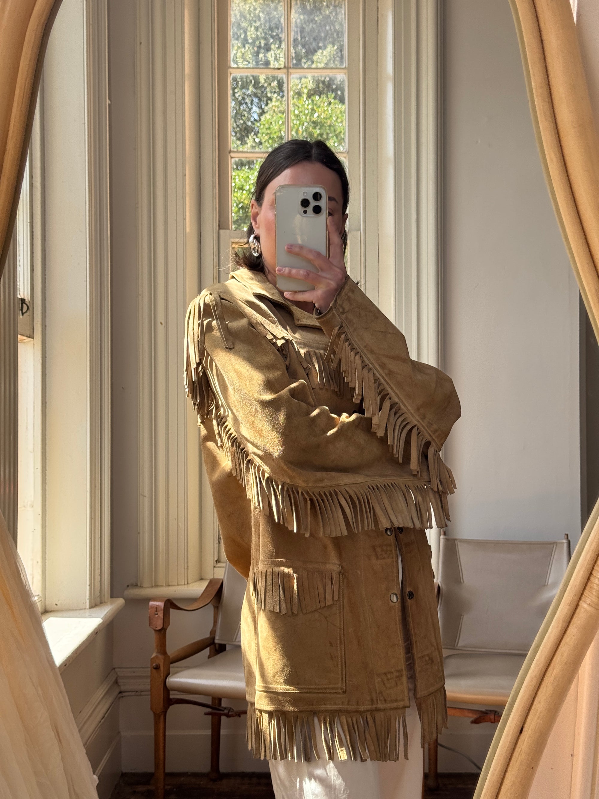 Vintage 70s Western Fringe Suede Leather Jacket Tan