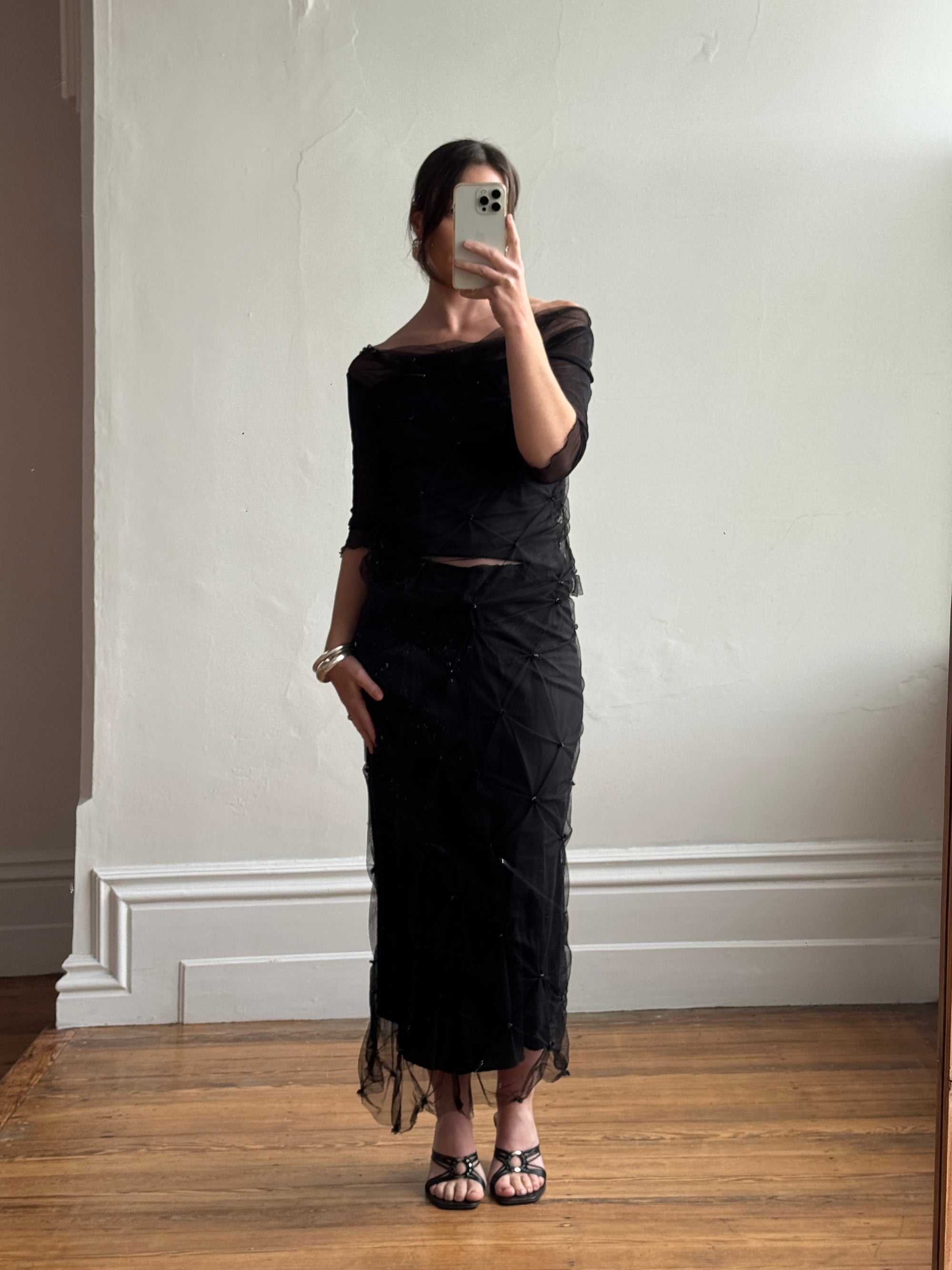 Vintage 90s Mesh Smocked Two Piece Set noir