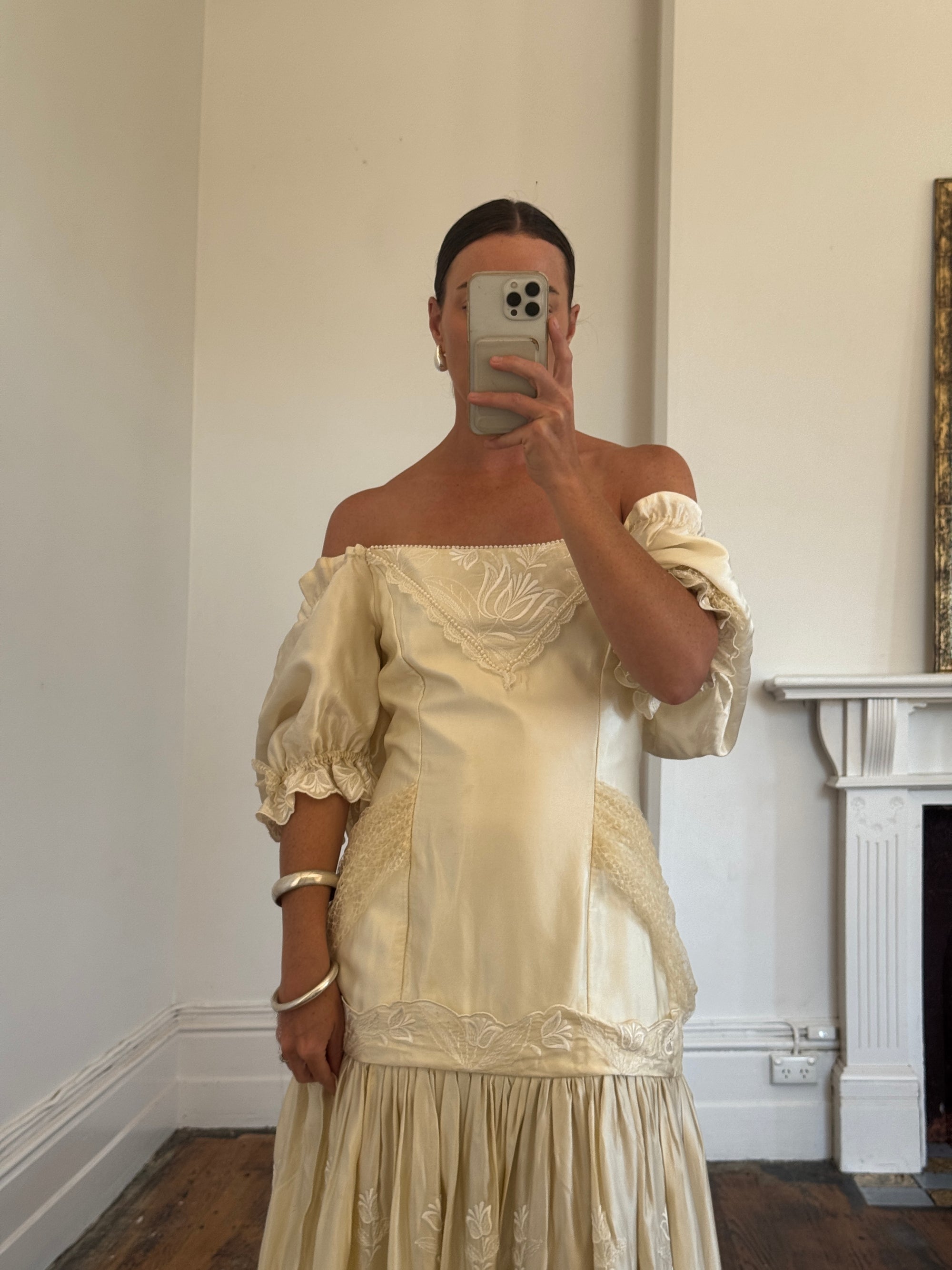 Vintage 80s Drop Waist Satin Jacquard Wedding Dress