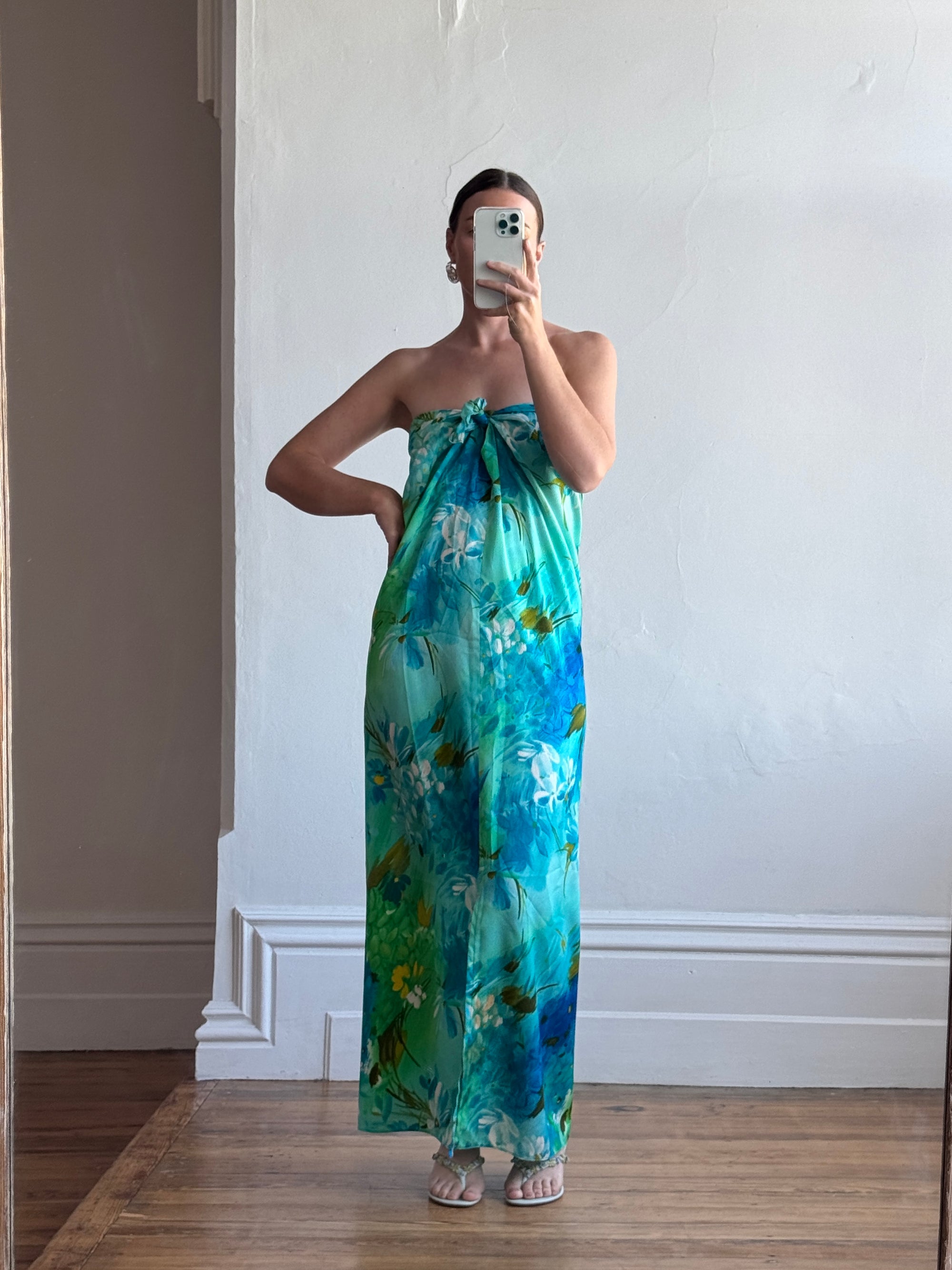 Vintage 70s Hawaiian Sarong Dress Watercolour Floral