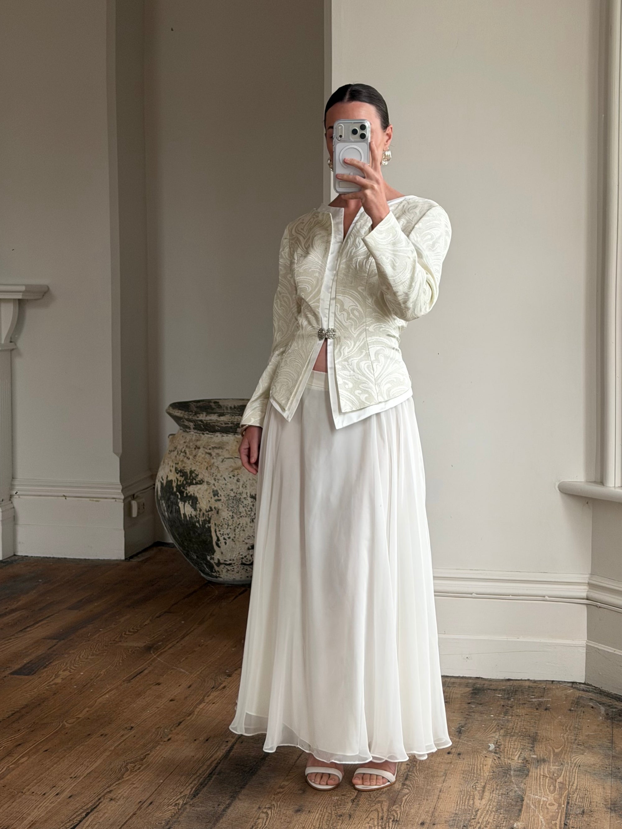 Vintage 90s Jacquard Rhinestone Jacket and Chiffon Bridal Skirt Set