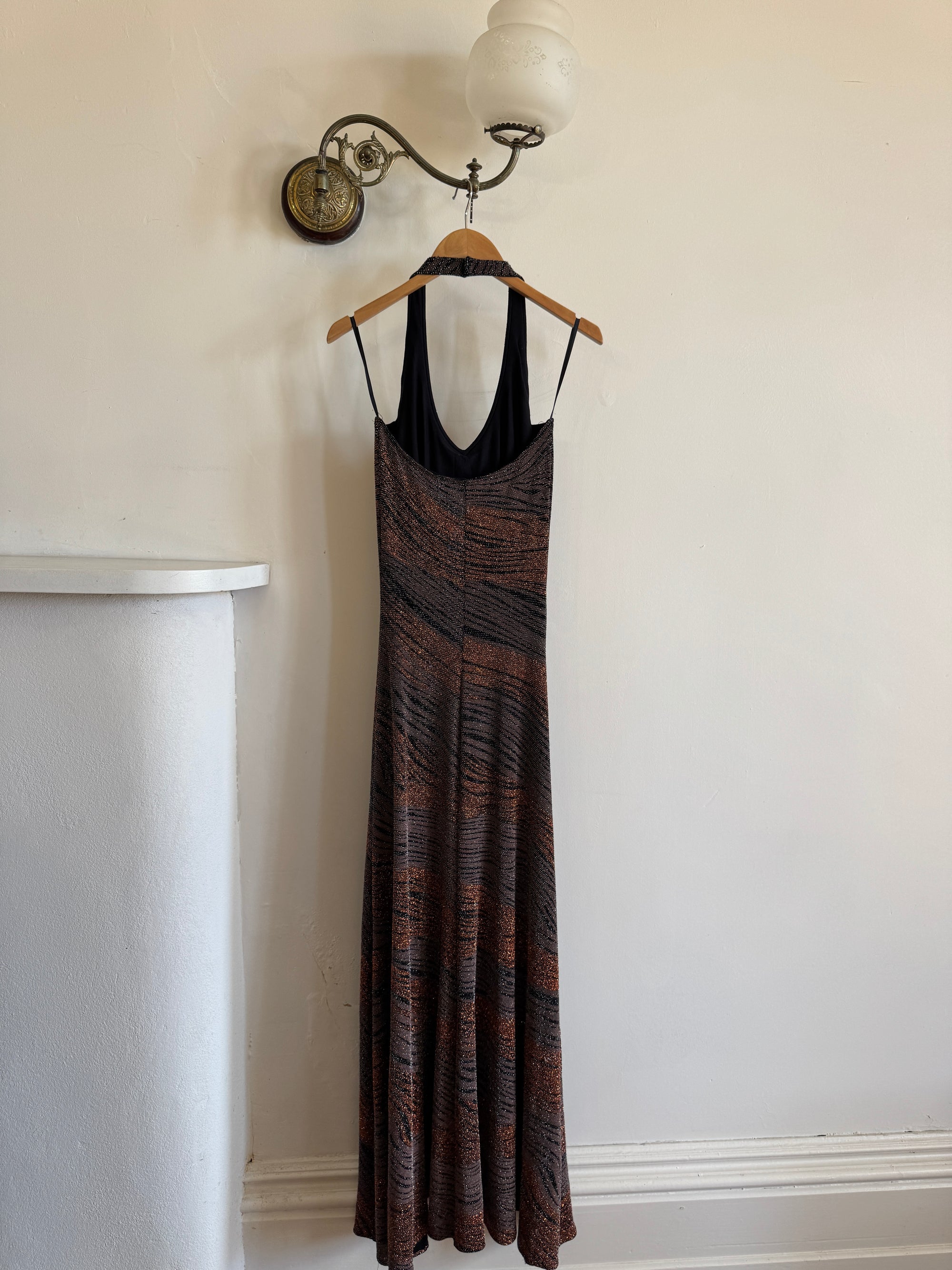 Vintage 90s Bodycon Bronze Lurex Halter Dress