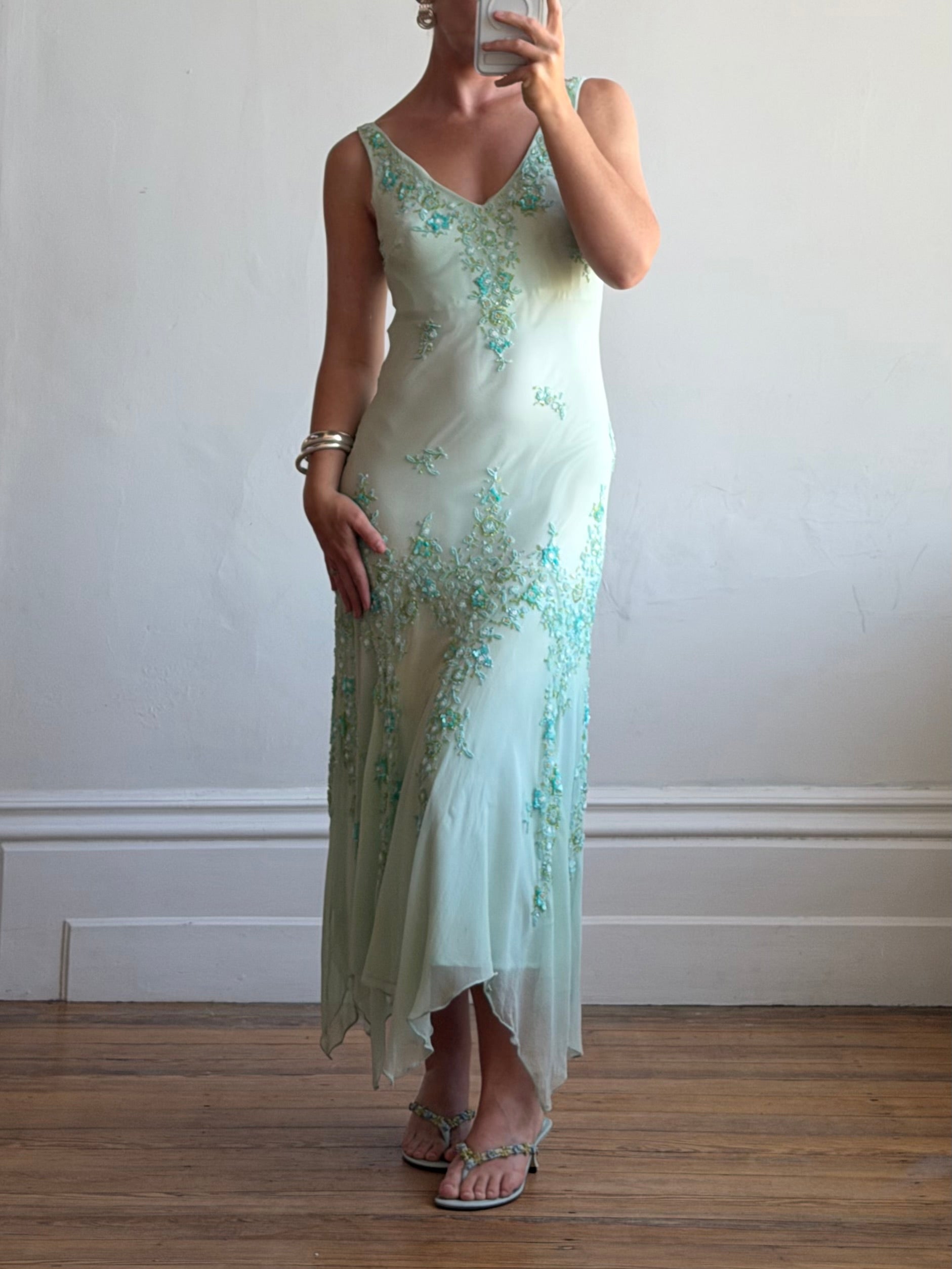 Vintage 90s Pure Silk Aquamarine Fairy Beaded Dress