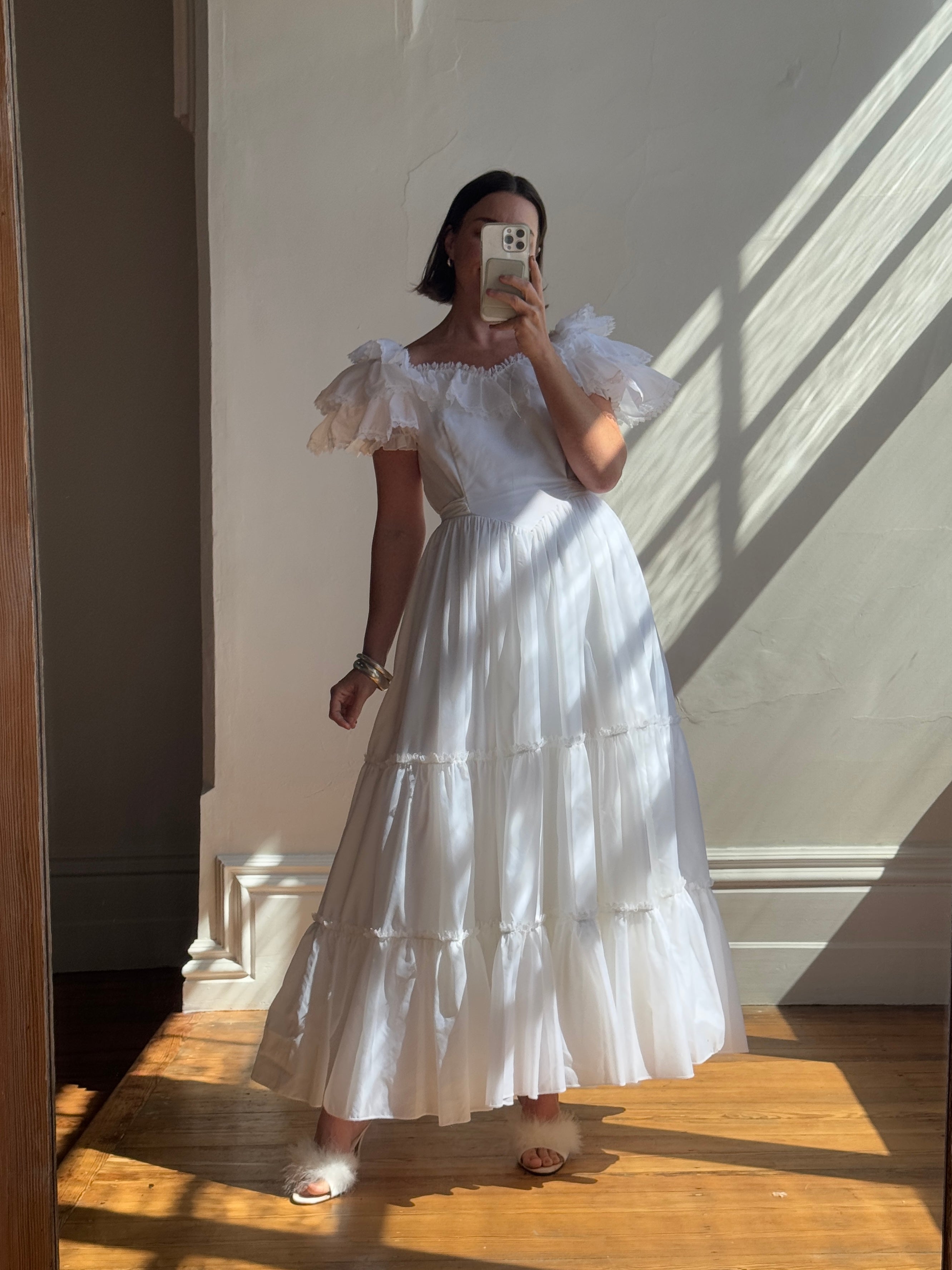 Vintage 70s Ruffled Tie Waist Wedding Dress