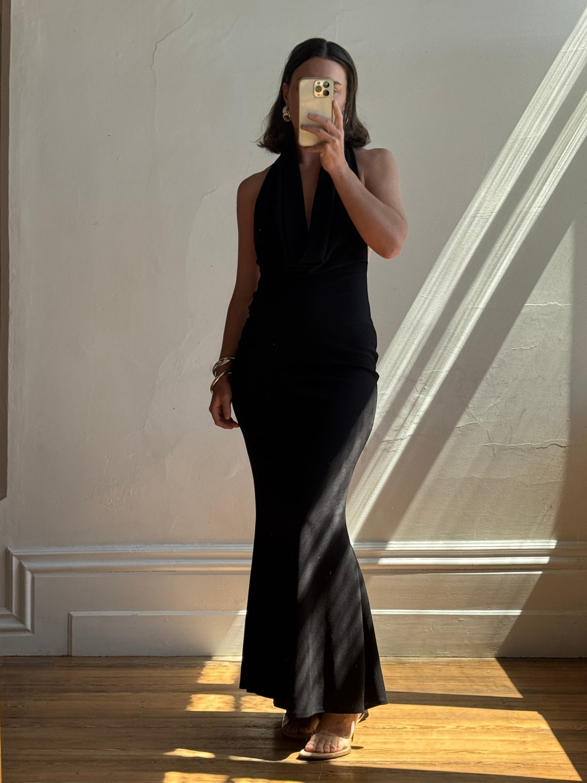 Vintage 90s Plunging Cowl Neck Body Con Dress Noir