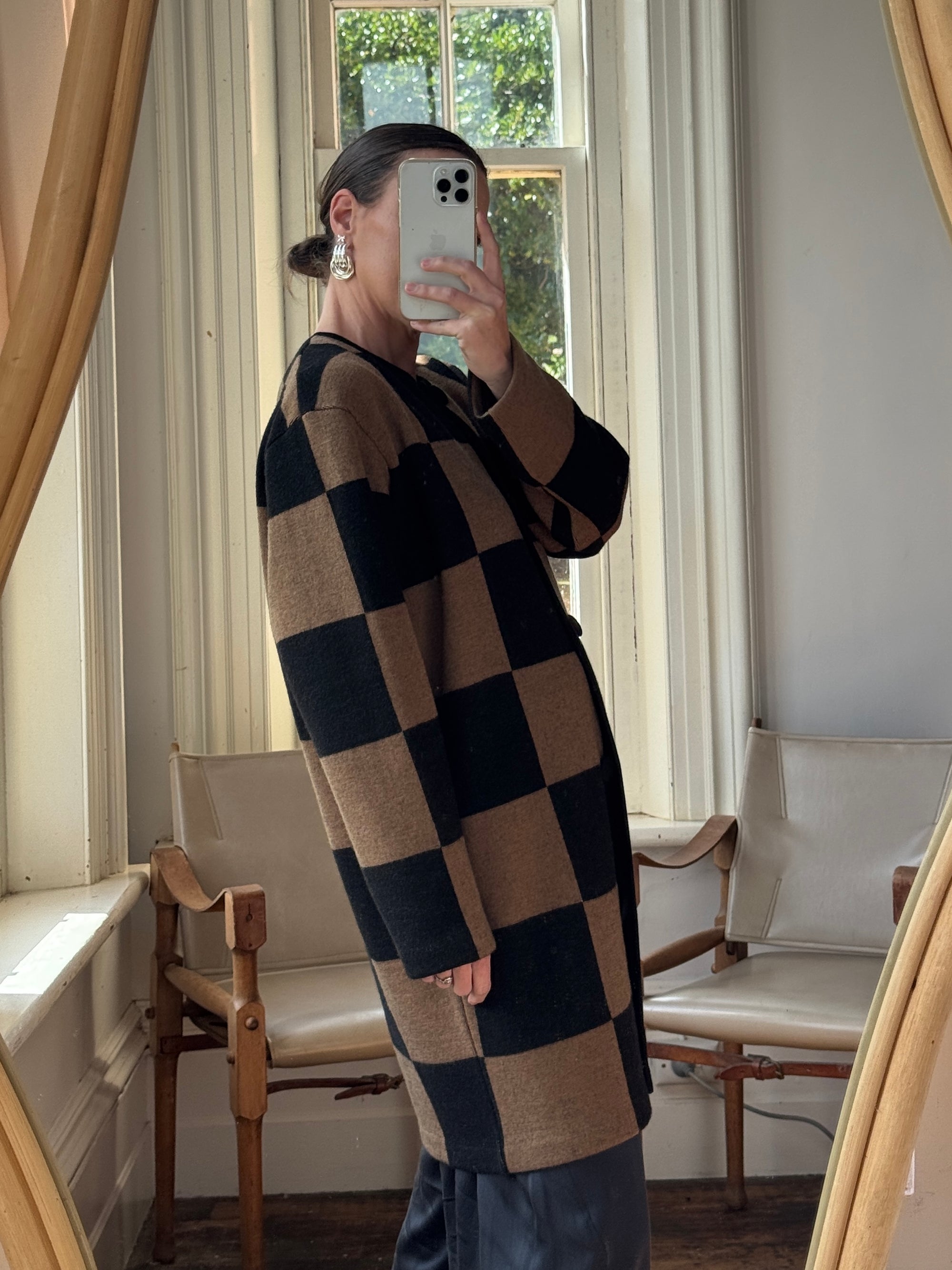 Vintage 80s Pure Wool Checkerboard Oversized Cardi