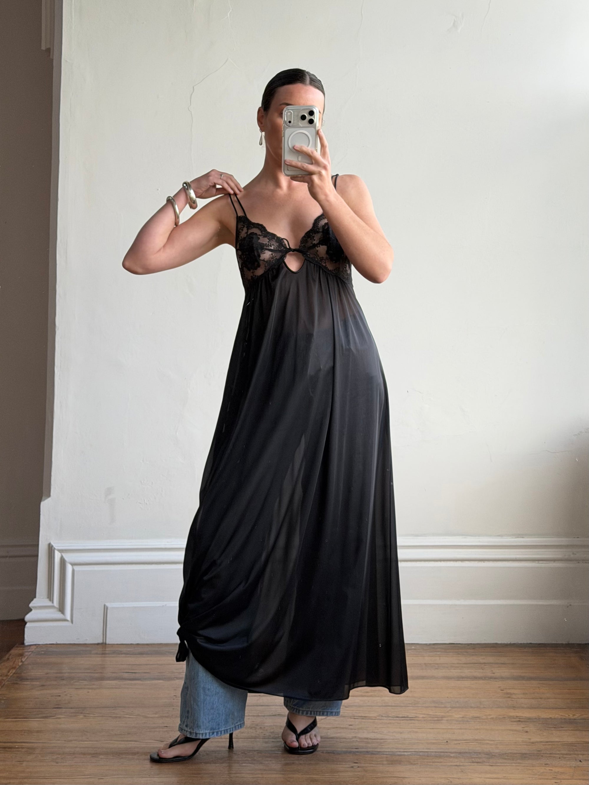 Vintage 80s Sheer Lace Slip Dress Noir