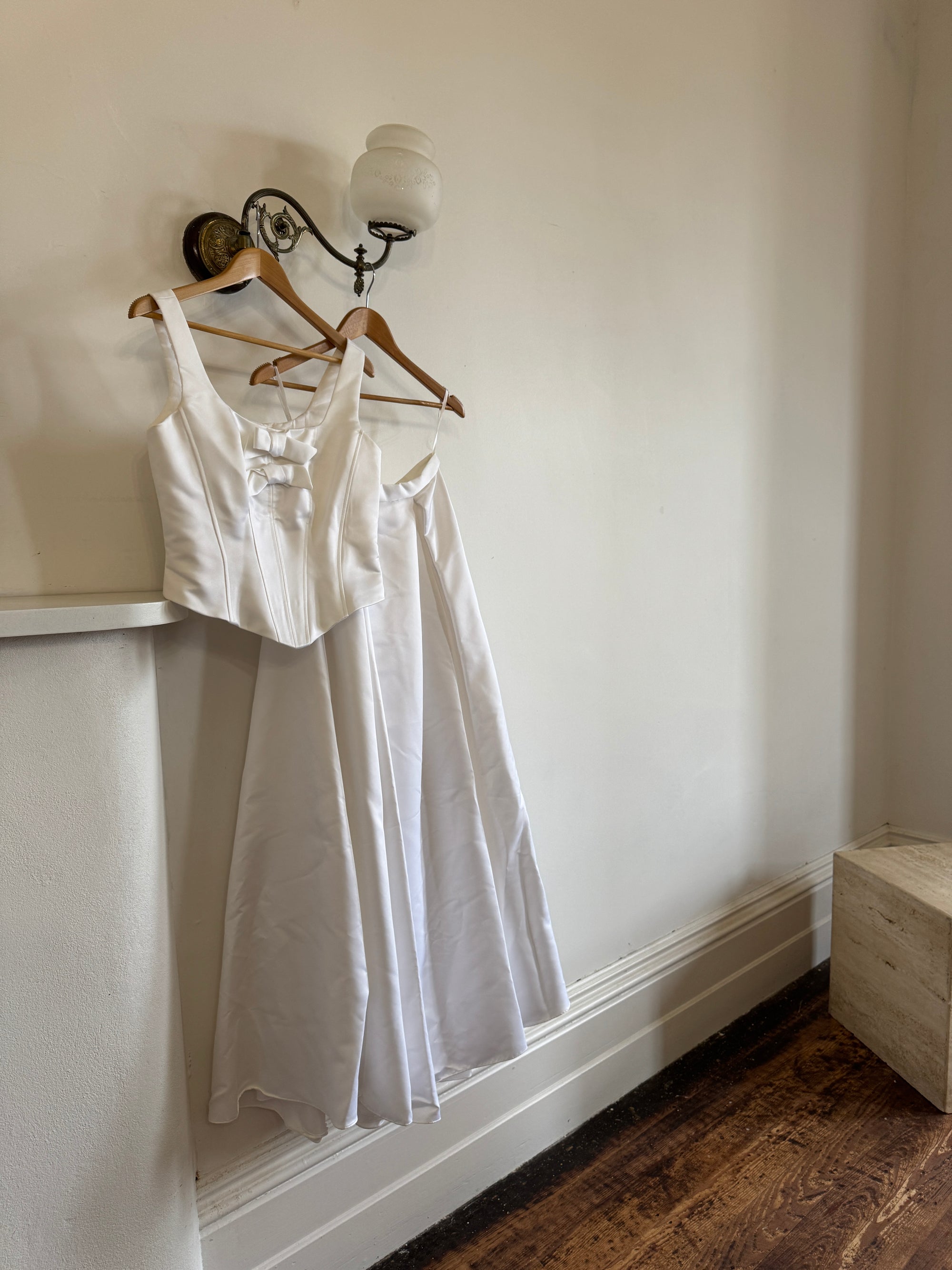 Vintage 90s White Satin Double Bow Two Piece Wedding Gown