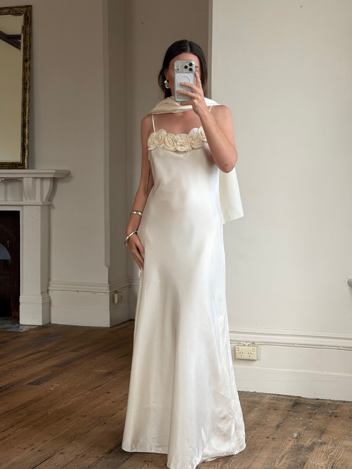 Vintage Y2K Rosette Bridal Slip Dress Champagne Satin