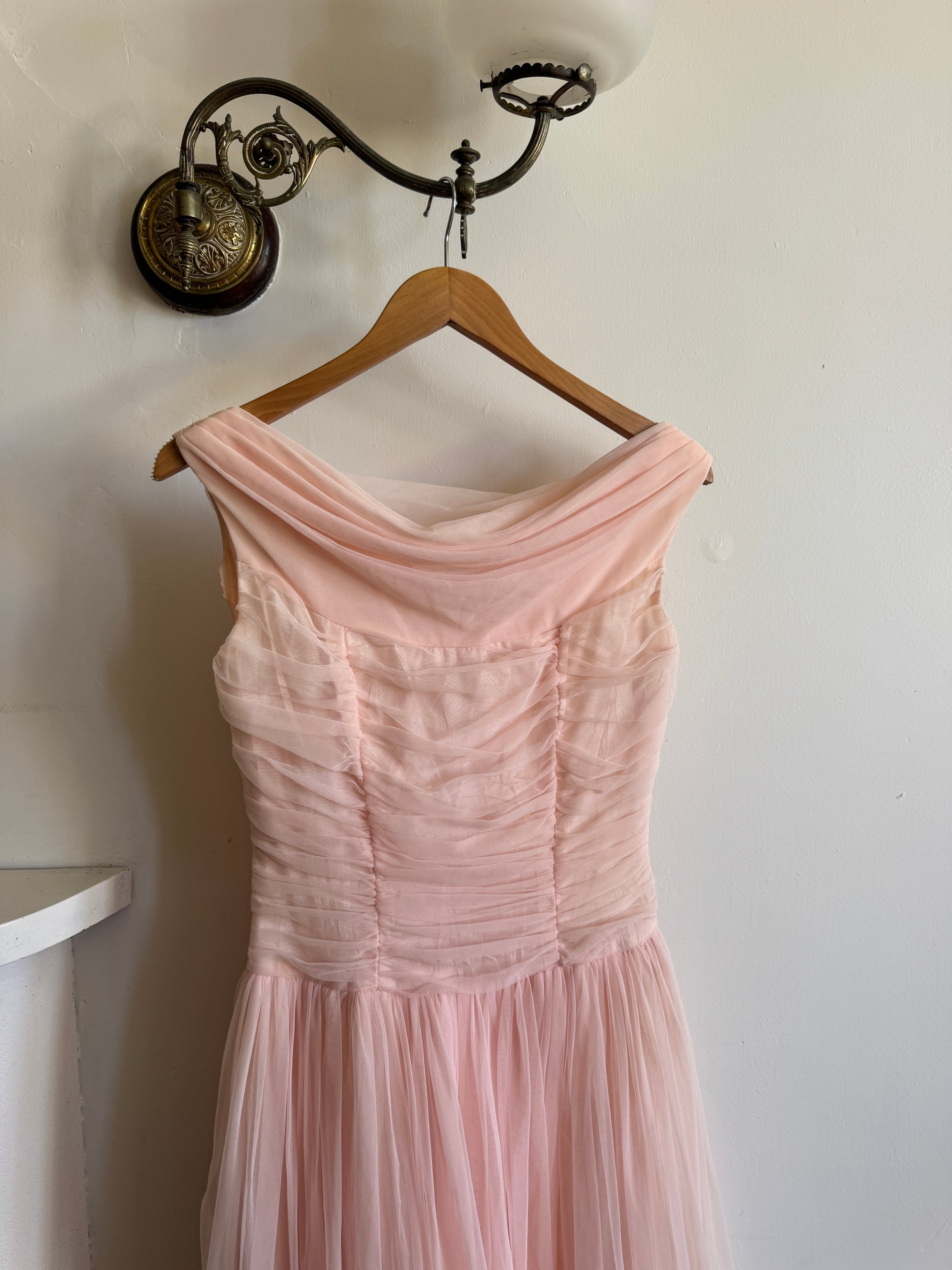 Vintage 60s Chiffon Gathered Pale Pink Maxi Gown