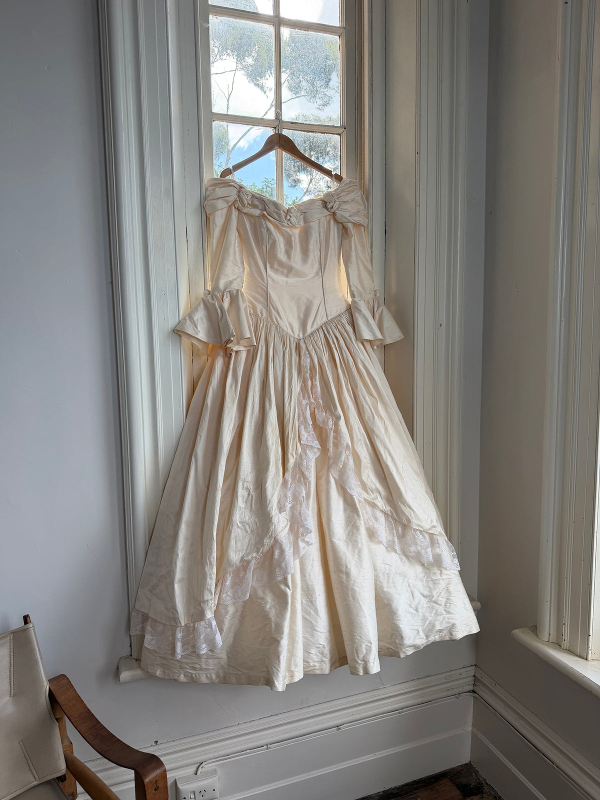 Vintage 90s Silk Dupion Off Shoulder Rosette Bridal Ballgown