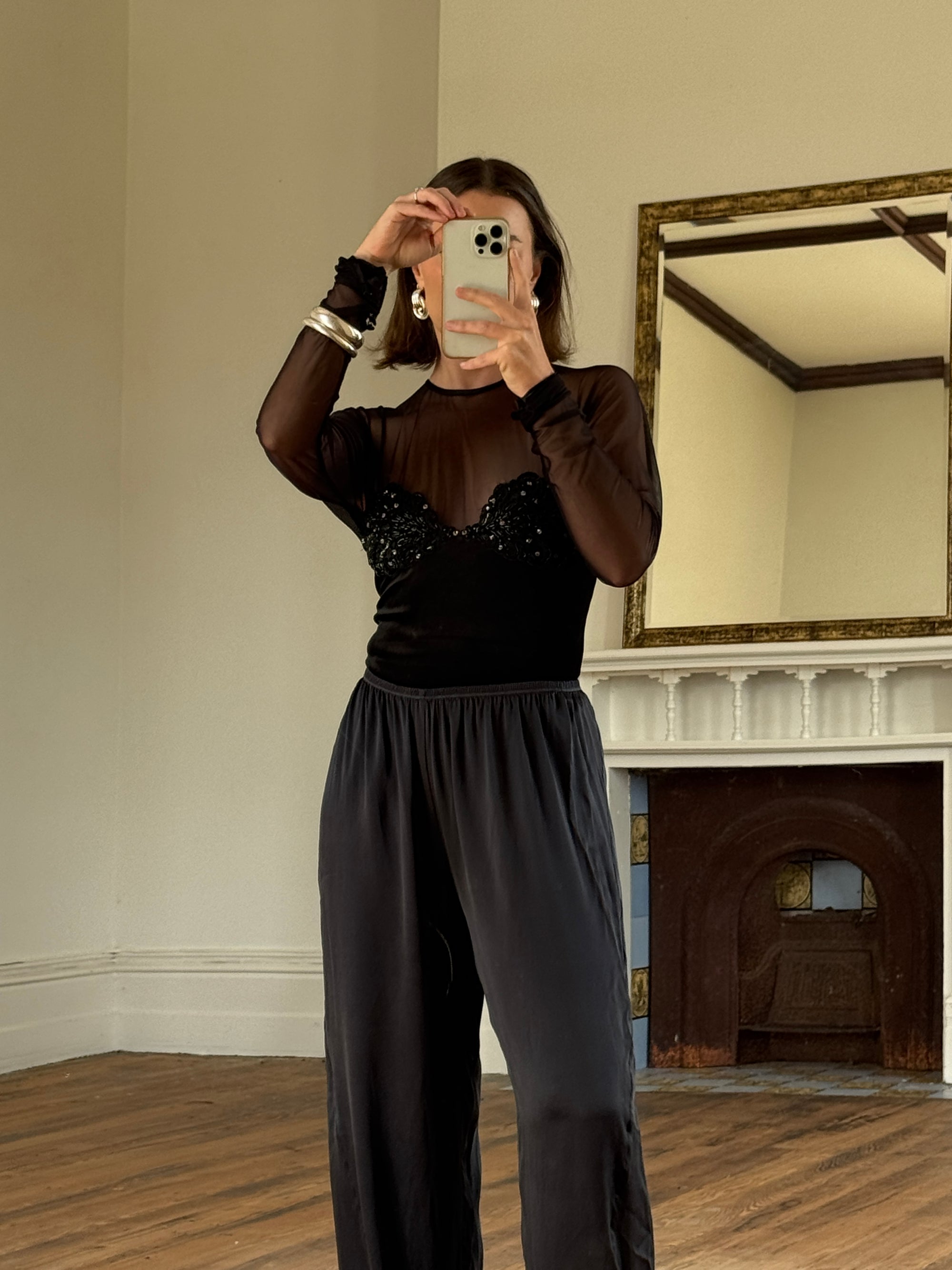 Vintage 90s Emanuel Ungaro Velvet Mesh Embroidered Bodysuit