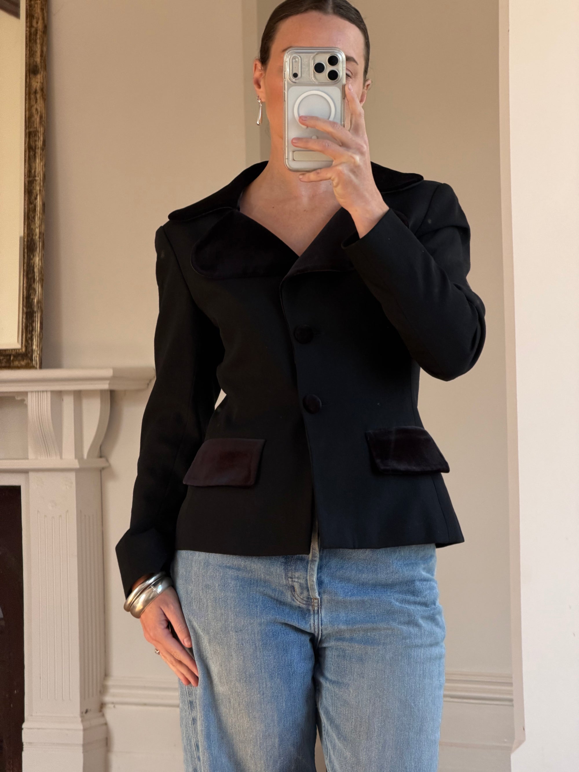 Vintage 90s Velvet Cloverleaf Blazer Noir