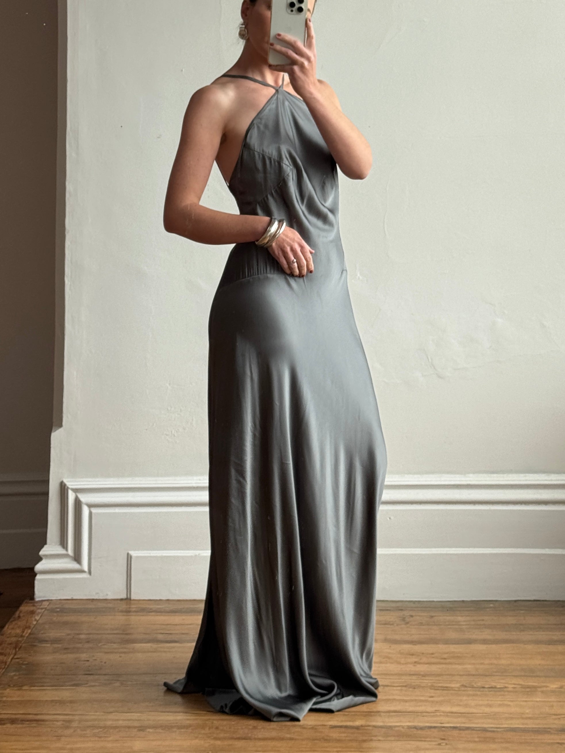 Vintage 90s Slinky Halter Bias Slip Gown Gunmetal