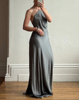 Vintage 90s Slinky Halter Bias Slip Gown Gunmetal
