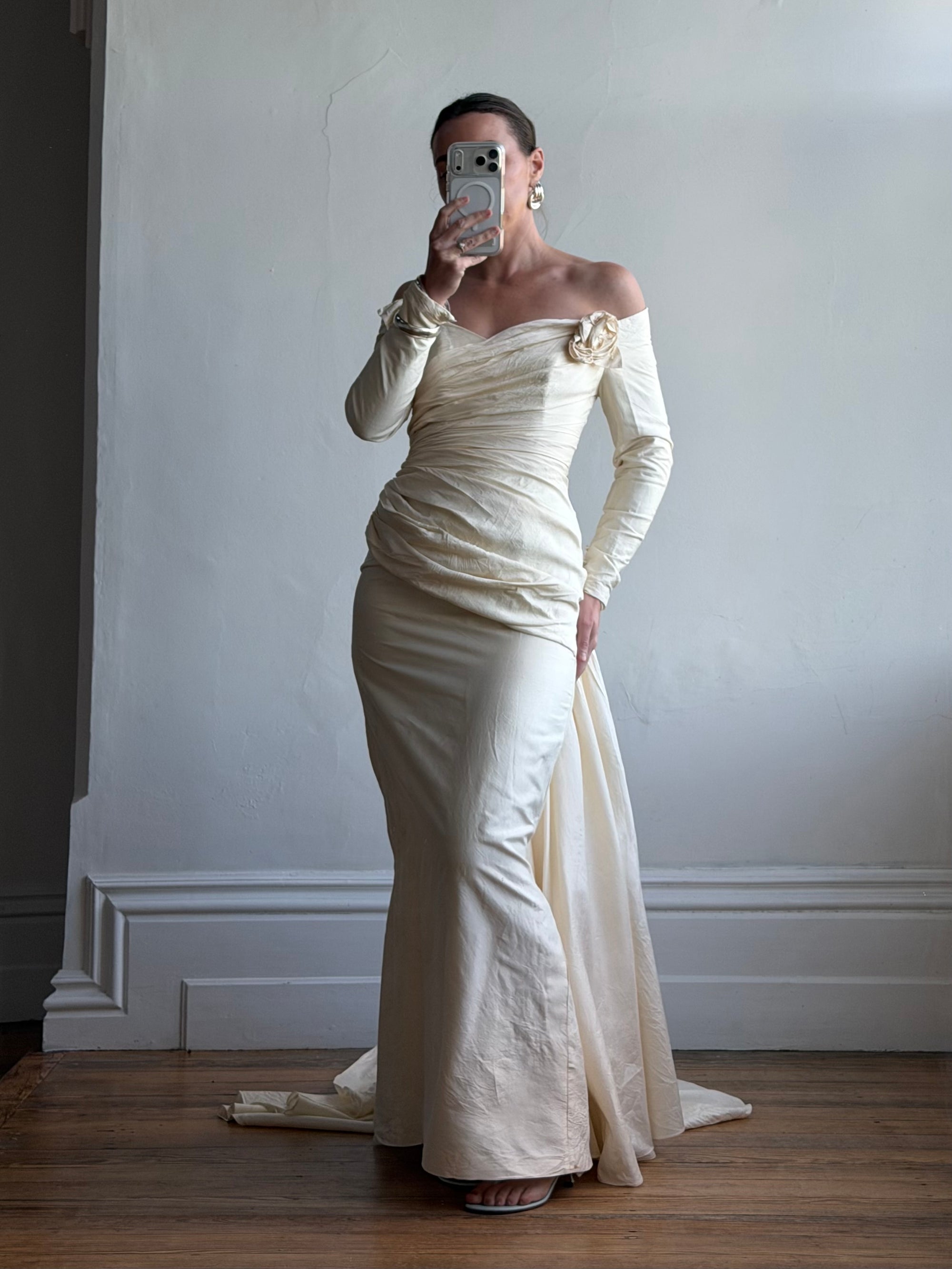 Vintage 90s Silk Rosette Off Shoulder Gown With Bow Train