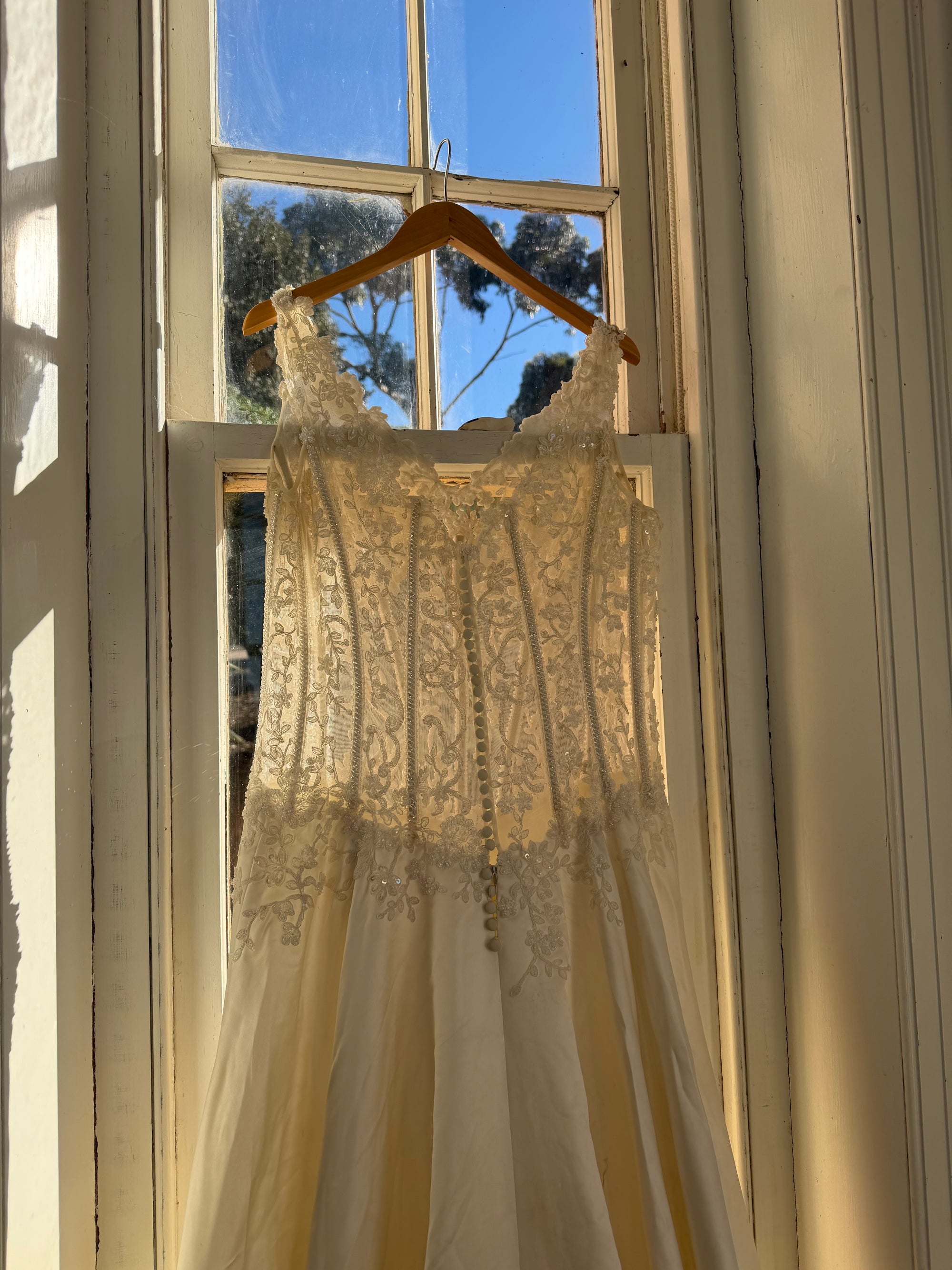 Vintage 90s Italian Naked Embroidered Satin Wedding Dress