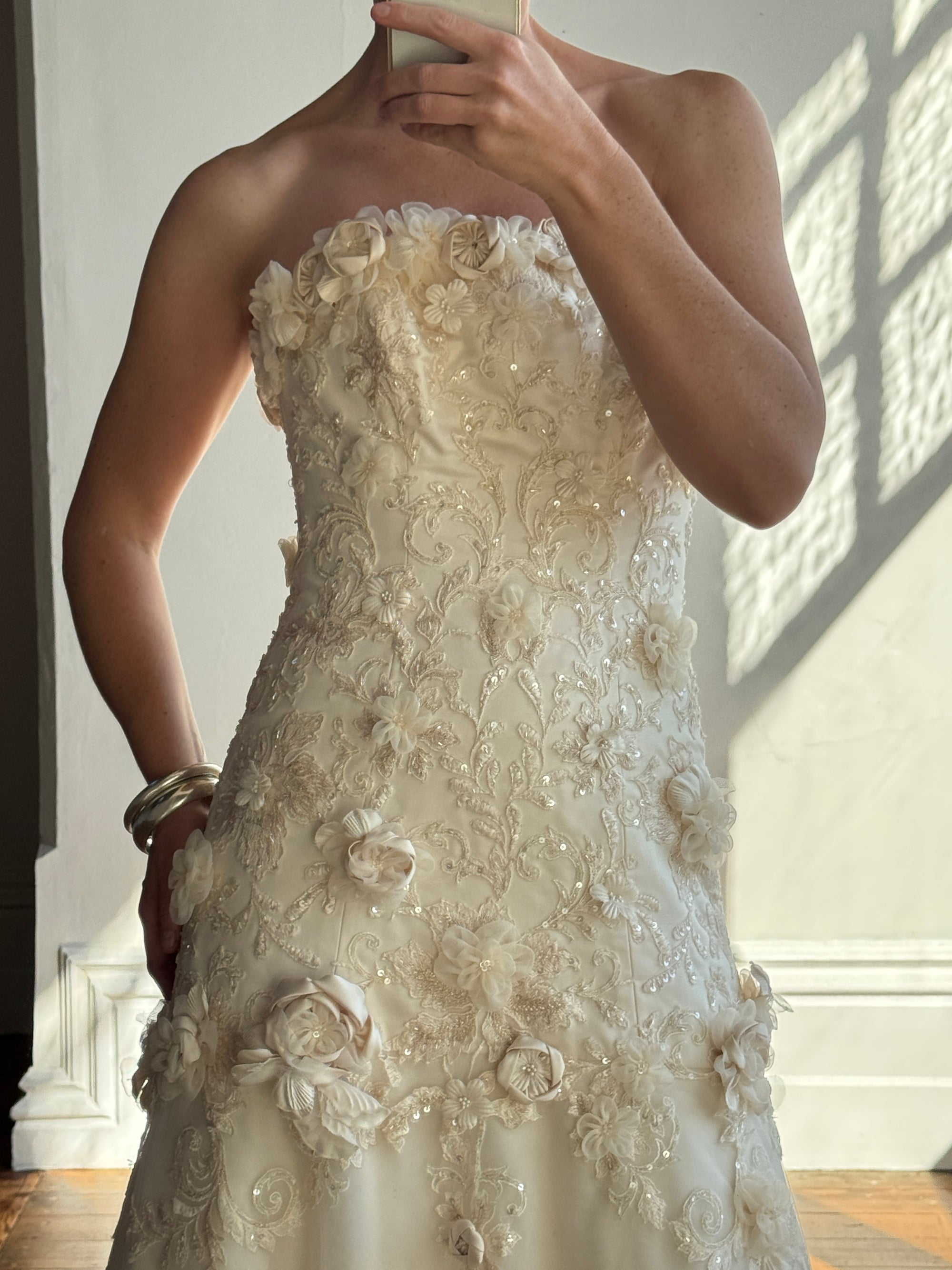 Vintage 90s Haute Couture 3D Floral Strapless Wedding Gown